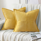 Haussy Mustard Yellow Large Decorative Throw Pillow Covers 26X26 Inch Set Of 2,Soft Solid Corduroy Striped Cushion Case,Square E