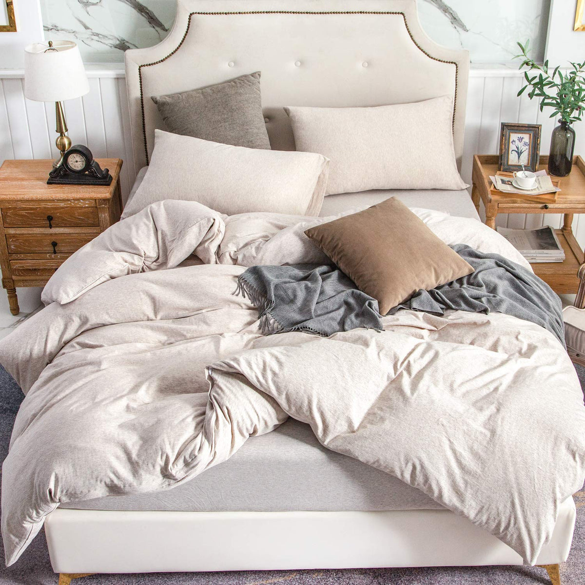 Pure Era Jersey Knit Duvet Cover Set 100% T-Shirt Cotton Super Soft Comfy 3Pc Bedding Set With Zipper Closure (Heather Beige, Qu