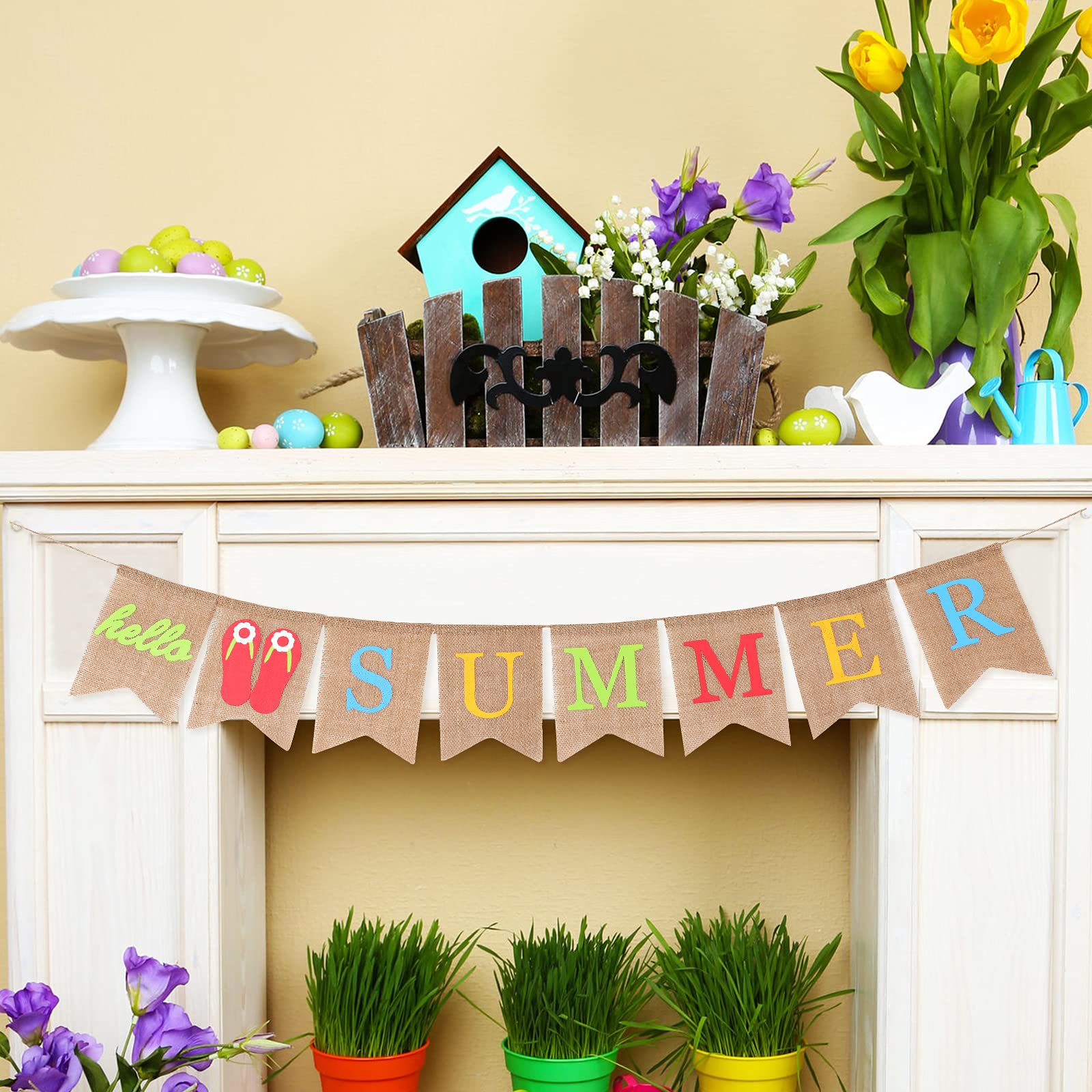 Tatuo Hello Summer Banner Burlap Rustic Garland Summer Decorations Home Party Hanging Decor for Door Mantel Fireplace Pool Beach