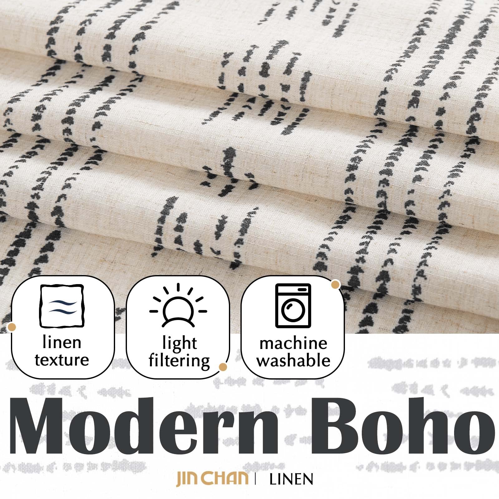 Jinchan Boho Kitchen Curtains Linen Tier Curtains 45 Inches Bohemian Small Cafe Curtains Striped Farmhouse Rustic Curtains For Bathroom Rv Camper Light Filtering Rod Pocket 2 Panels Black On Beige
