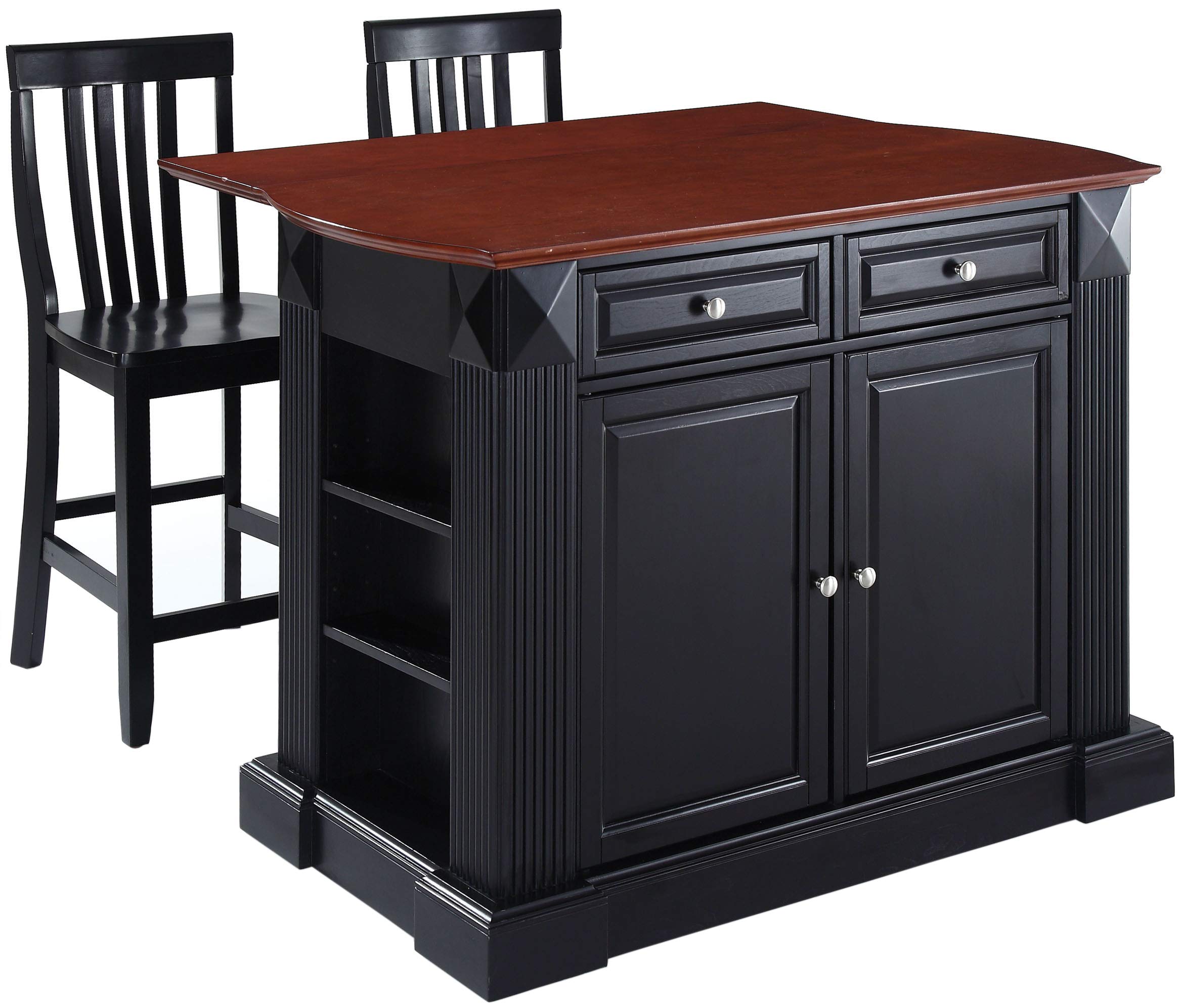 Crosley Furniture Drop Leaf Kitchen Island/Breakfast Bar With 24-Inch Schoolhouse Stools - Black