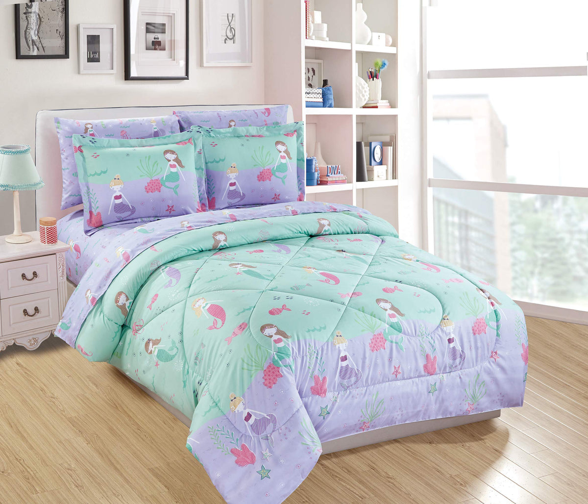 Mk Home Twin Size Comforter Set For Girls Mermaids Fishes Aqua Lavender Pink New
