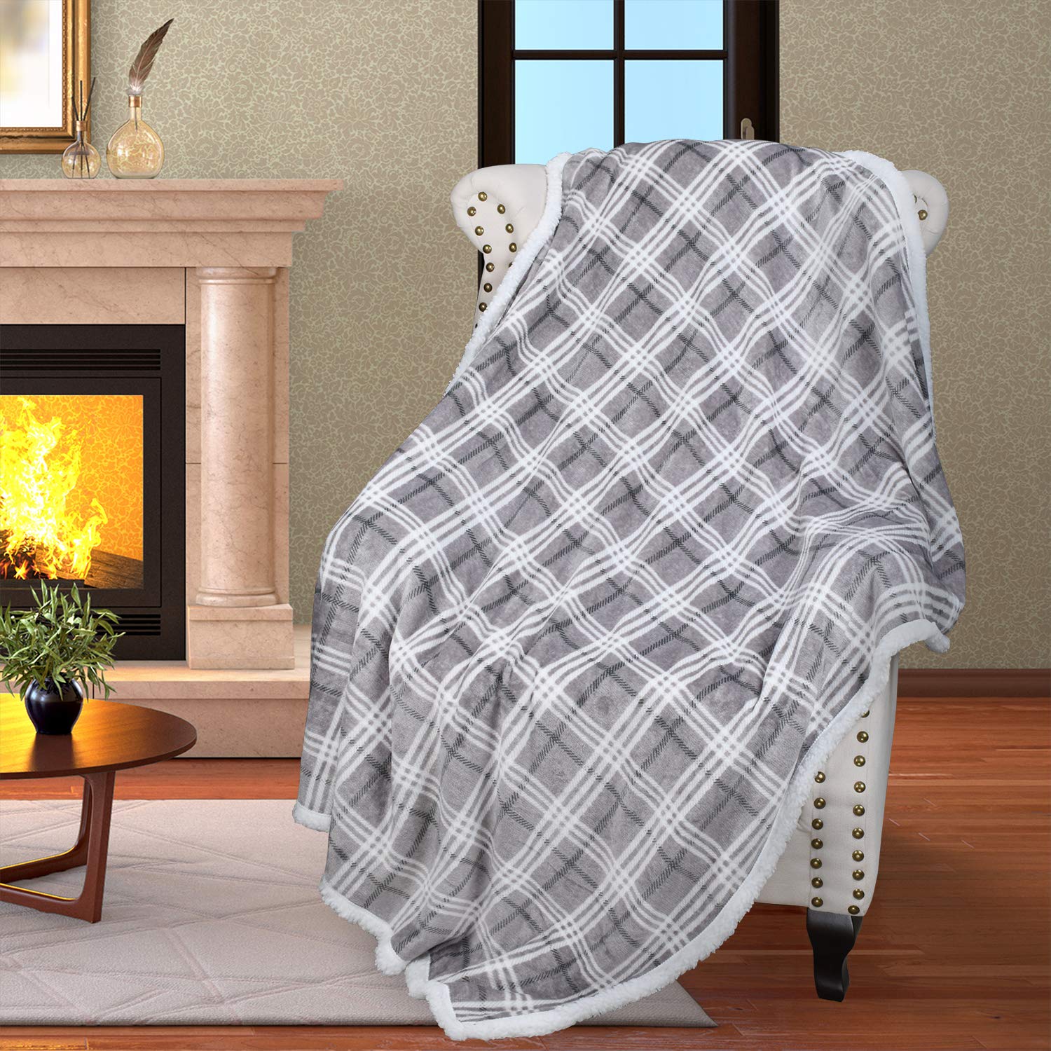 Catalonia Plaid Sherpa Throw Blanket, Holiday Throws For Couch Sofa Cabin Decro, Christmas Blanket, Buffalo Grey