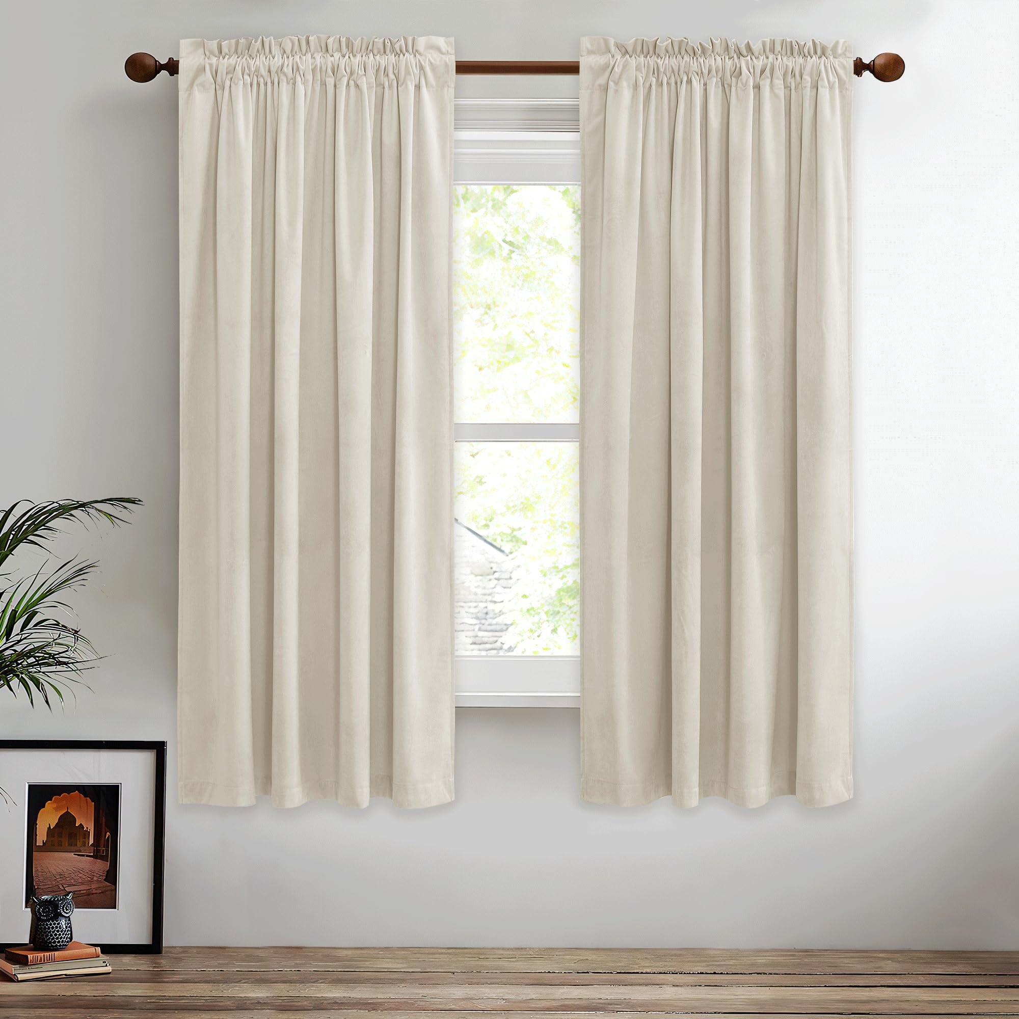 Stangh Luxury Beige Velvet Curtains 63 Inches Long Farmhouse Decor 2 Panels Set, Light Blocking Small Window Curtains/Drapes The