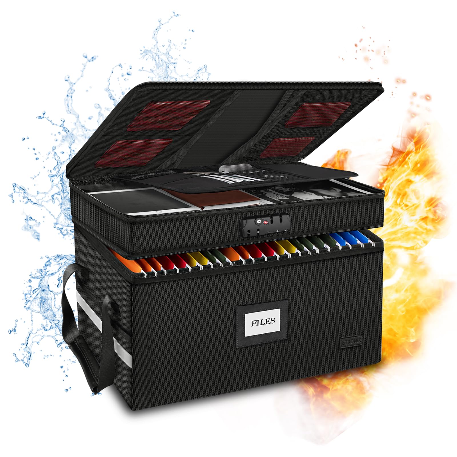 Etronik Large Fireproof Document Box With Lock, 2 Layer File Organizer, Portable Office Collapsible File Storage With Reflective