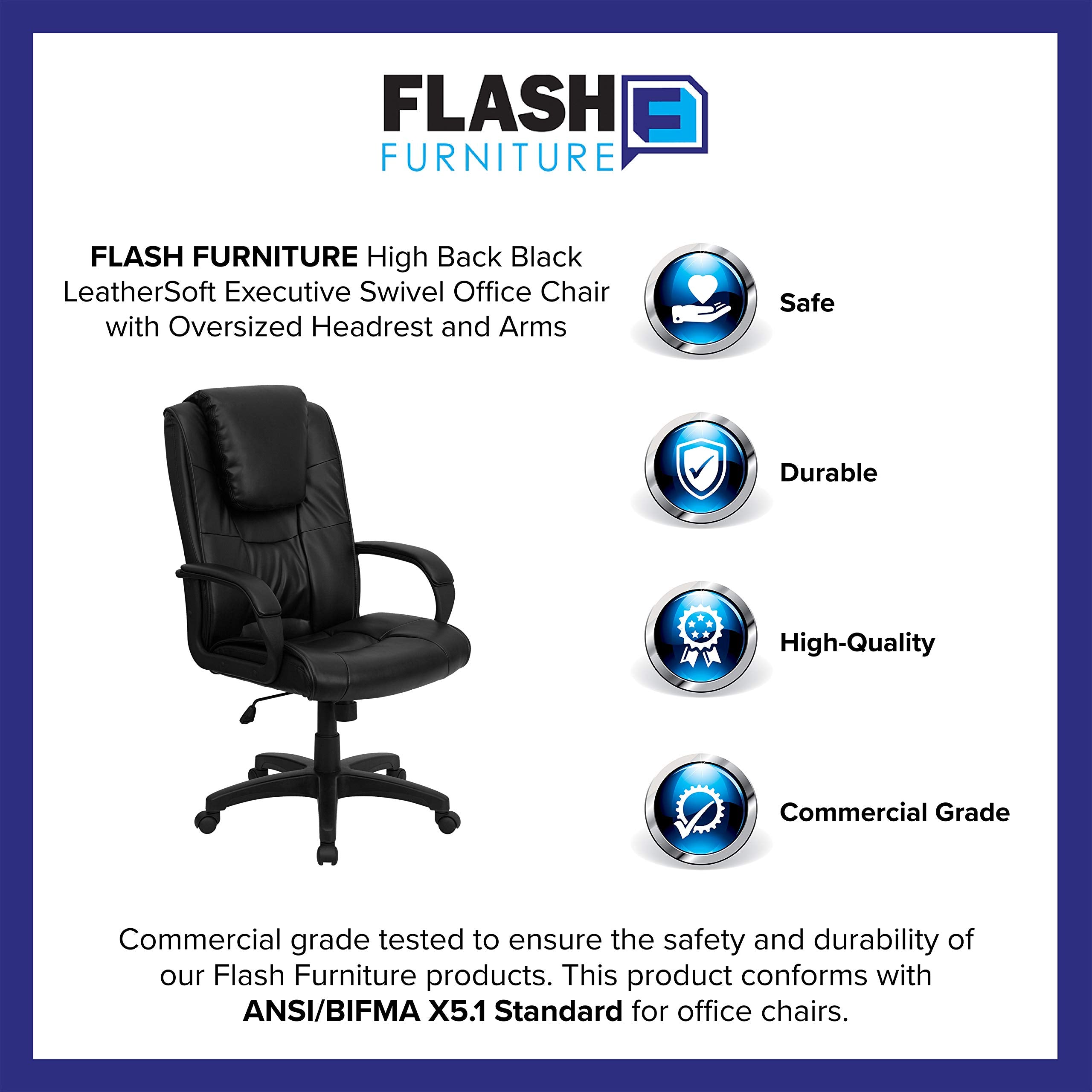Flash Furniture Jessica High Back Black LeatherSoft Executive Swivel Office Chair with Oversized Headrest and Arms