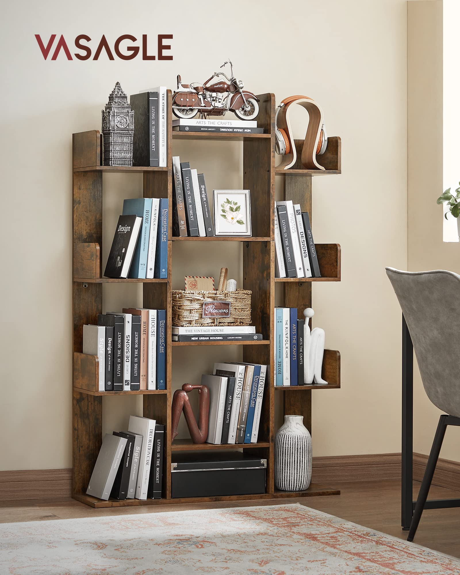 Vasagle Bookshelf, Tree-Shaped Bookcase With 13 Storage Shelves, Rounded Corners, 9.8”D X 33.9”W X 55.1”H, Rustic Brown Ulbc67Bxv1