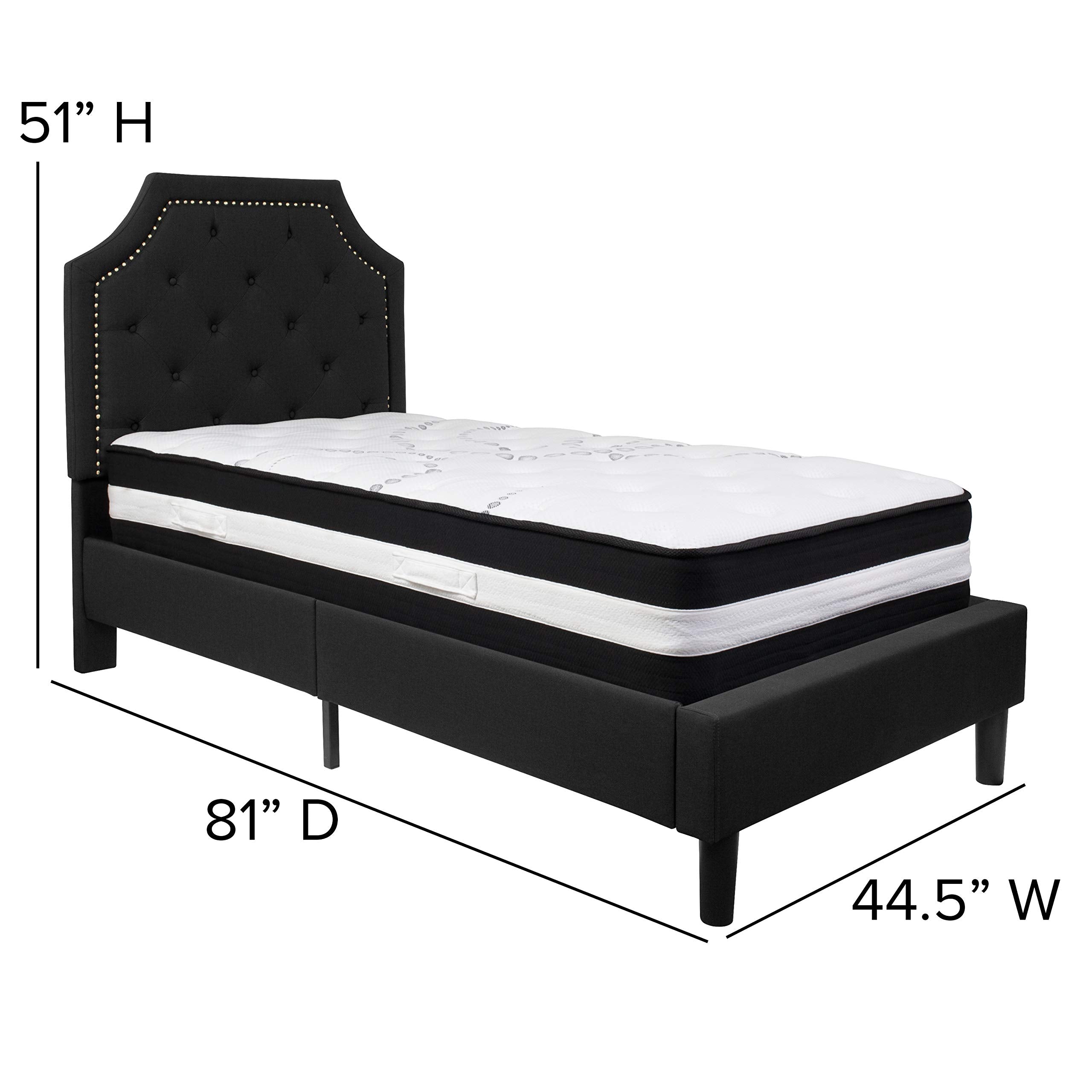 Flash Furniture Brighton Twin Size Tufted Upholstered Platform Bed In Black Fabric With Pocket Spring Mattress