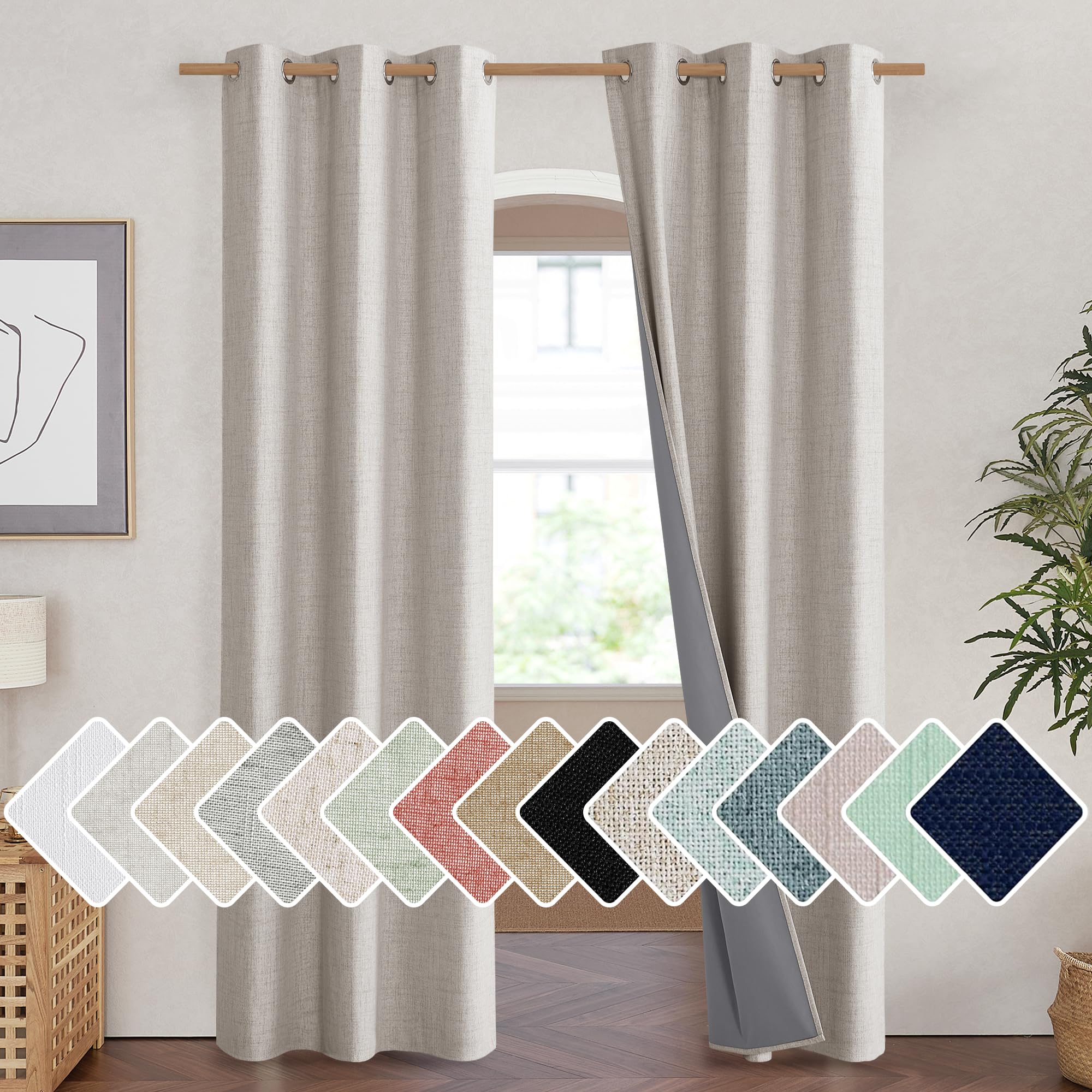 NICETOWN Brich Vintage Open Linen Weave Flax Thermal Curtains, 100% Blackout Curtains 90 Long for Dining Room, Soundproof Window