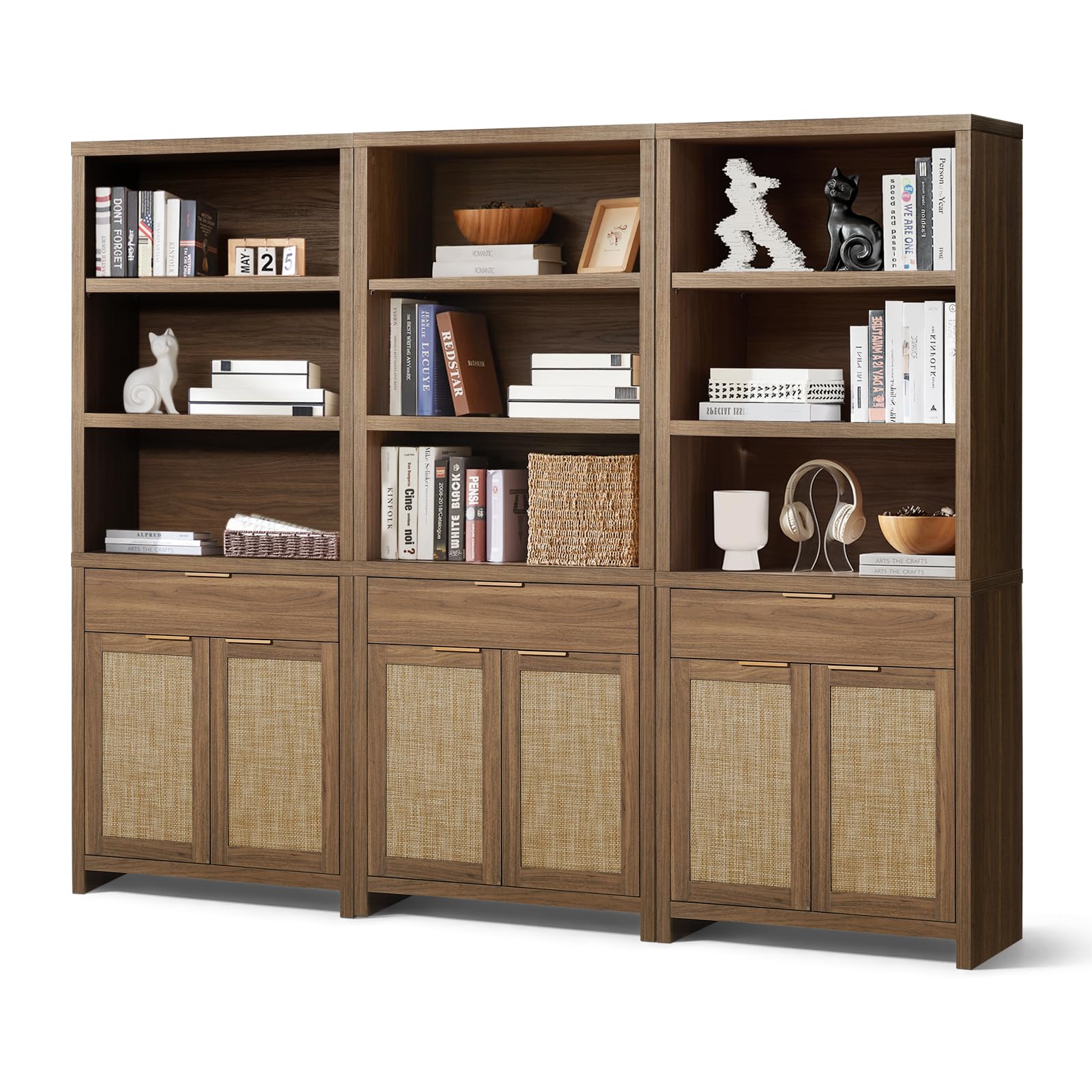 OAKHAM HOME Hampstead Bookcase, Rattan Bookcase with Doors Cabinet and Drawer, 5-Tier Bookshelf, Large Wooden Book Case, Tall Bo