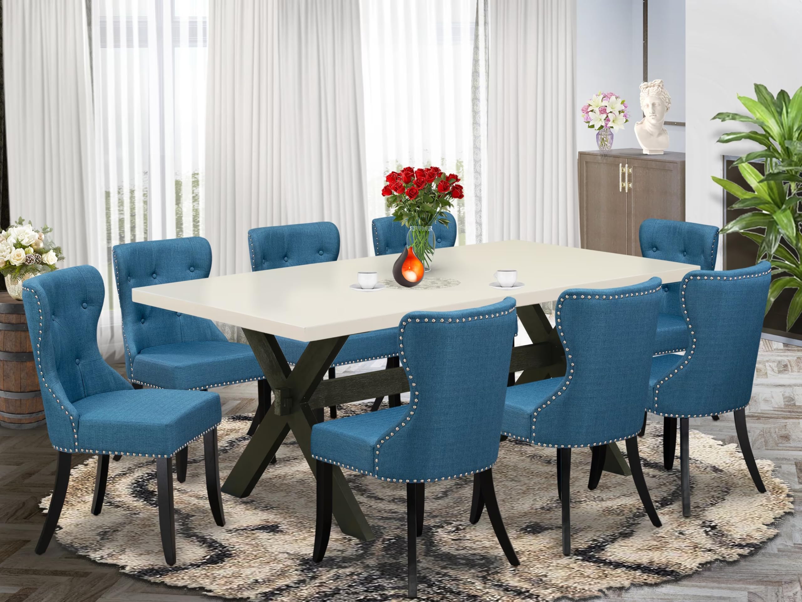 East West Furniture X627Si121-9 9 Piece Dining Table Set Includes A Rectangle Dining Room Table With X-Legs And 8 Blue Linen Fabric Upholstered Parson Chairs, 40X72 Inch, Multi-Color