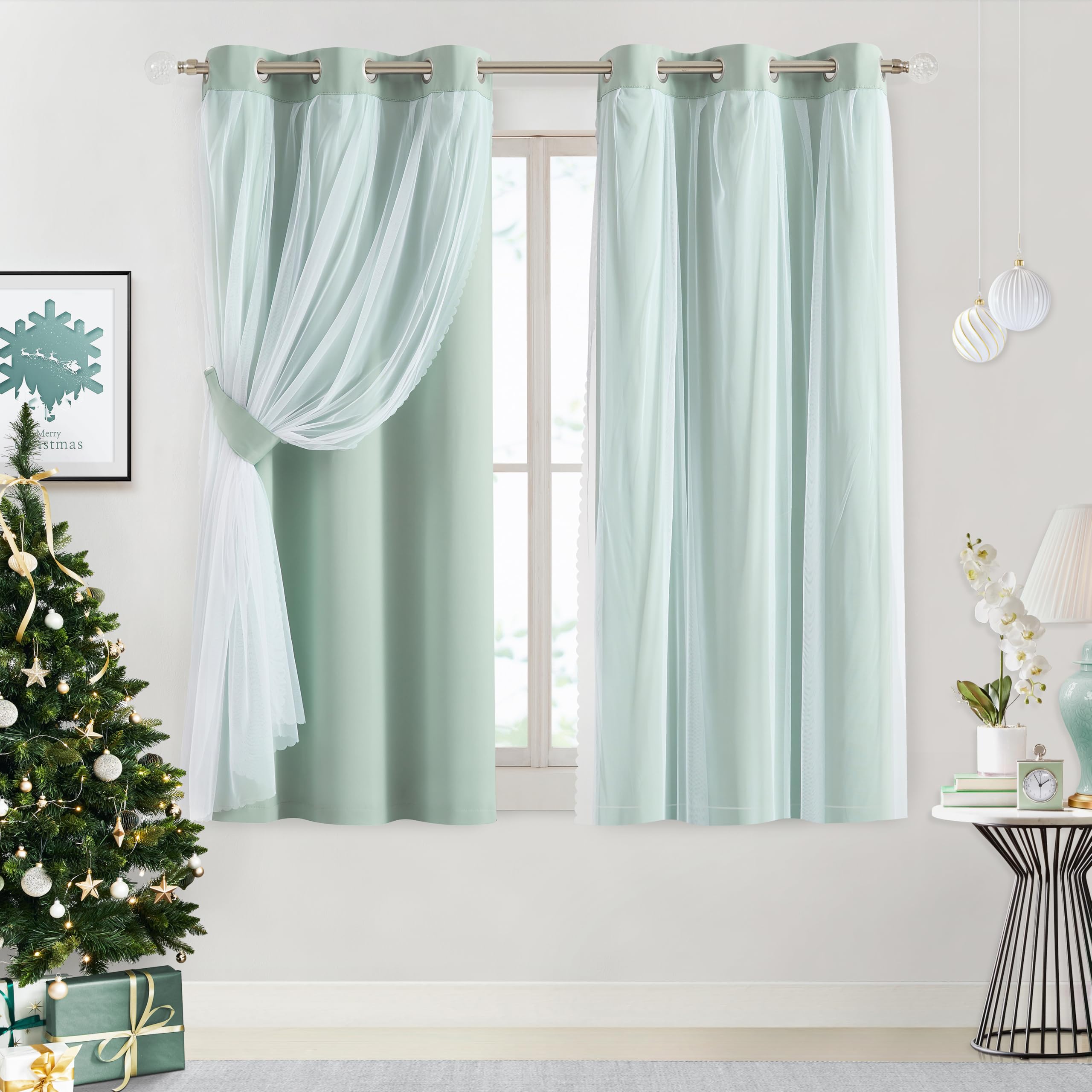 Bujasso Aqua 80% Blackout Curtains With Sheer Overlay Mix And Match Double Layer Thermal Insulated Window Panels 63 Inch For Liv