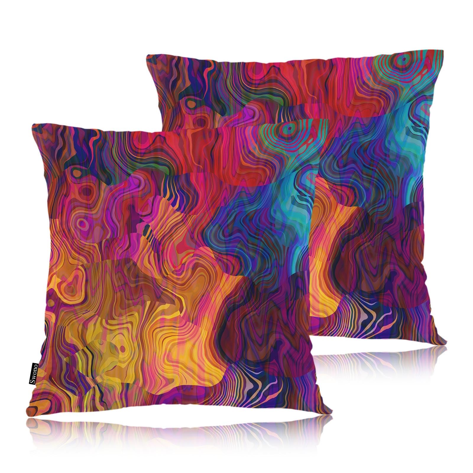 Swono Set Of 2 Decorative Throw Pillow Covers Chaotic Waves, Abstract Blur Chaotic Waves Rainbow Pillowcases Accent Pillow Cushi