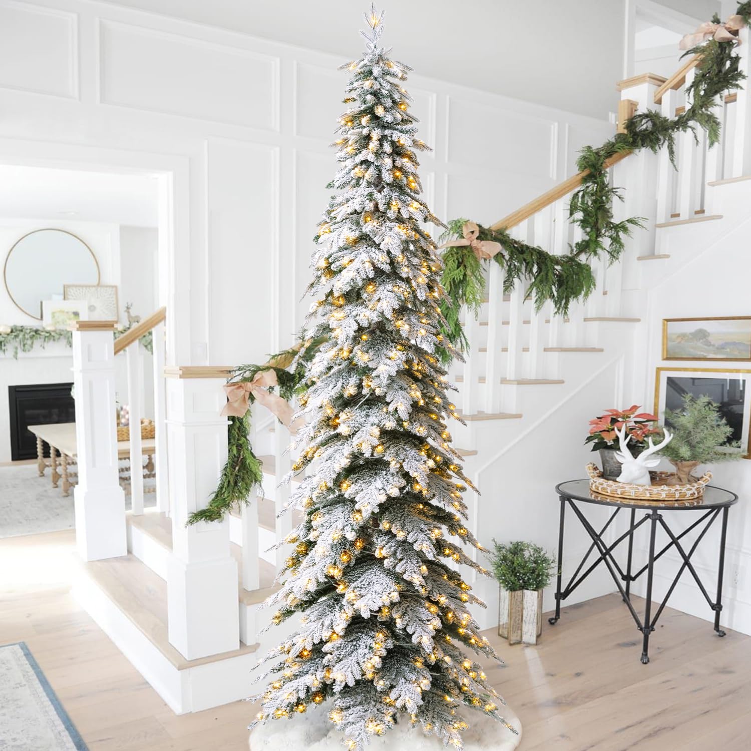 Glitzhome 11ft Pre-Lit Flocked Pencil Artificial Christmas Tree Chicago Frostwood Spruce with 700 Warm White Lights and Sturdy M