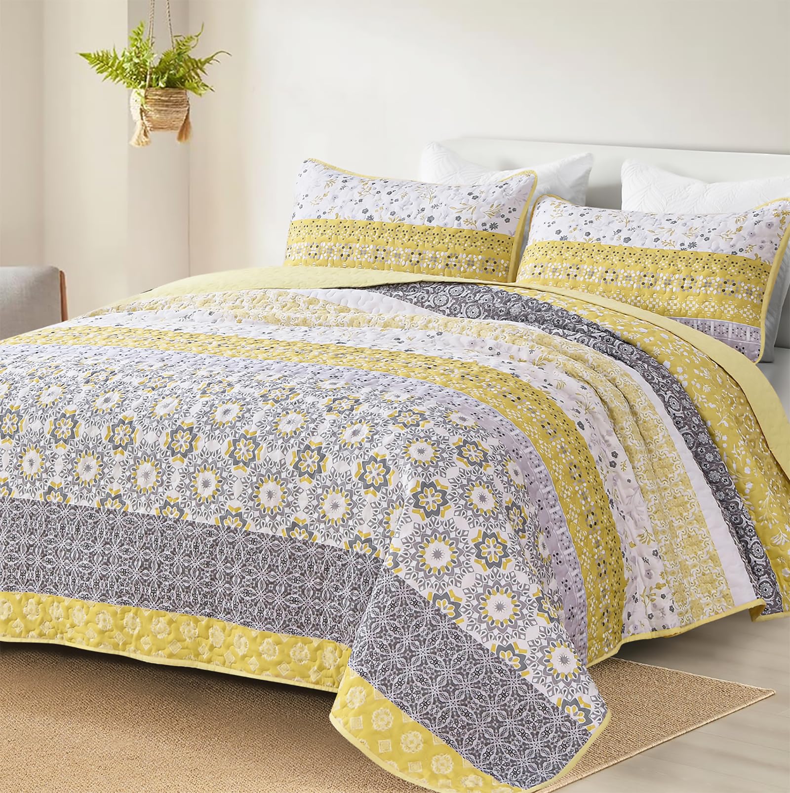 WONGS BEDDING Boho Quilt Set King, Yellow Bohemian Striped Patchwork Summer Bedspread Coverlet Set with 2 Pillowcases,Lightweigh