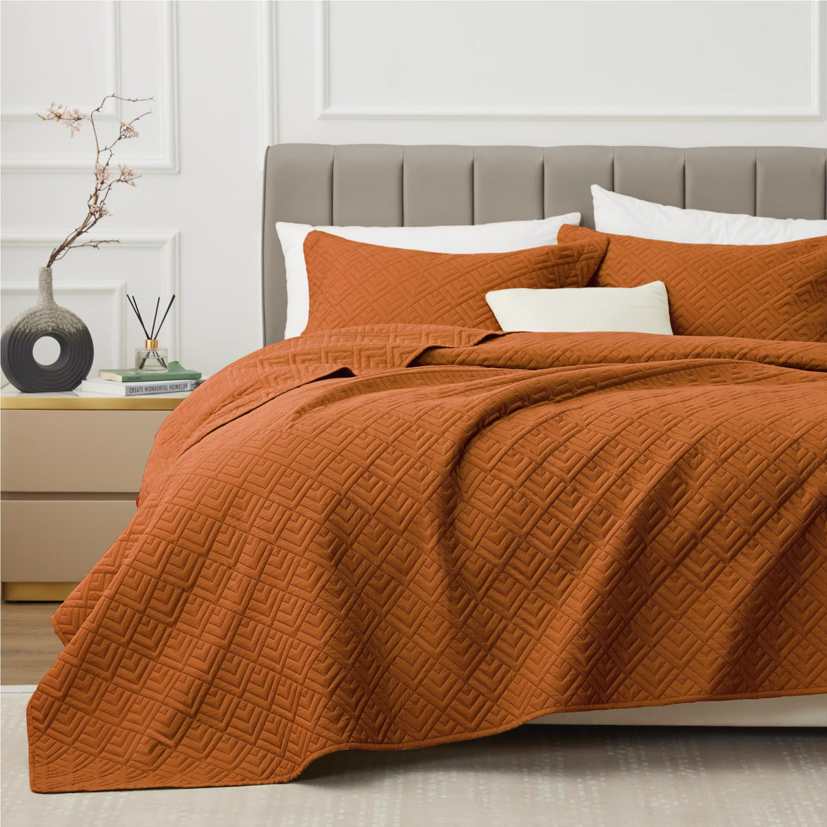 Exq Home Quilt Set Full/Queen Size Umber 3 Piece,Lightweight Soft Coverlet Modern Style Squares Pattern Bedspread Set(1 Quilt,2