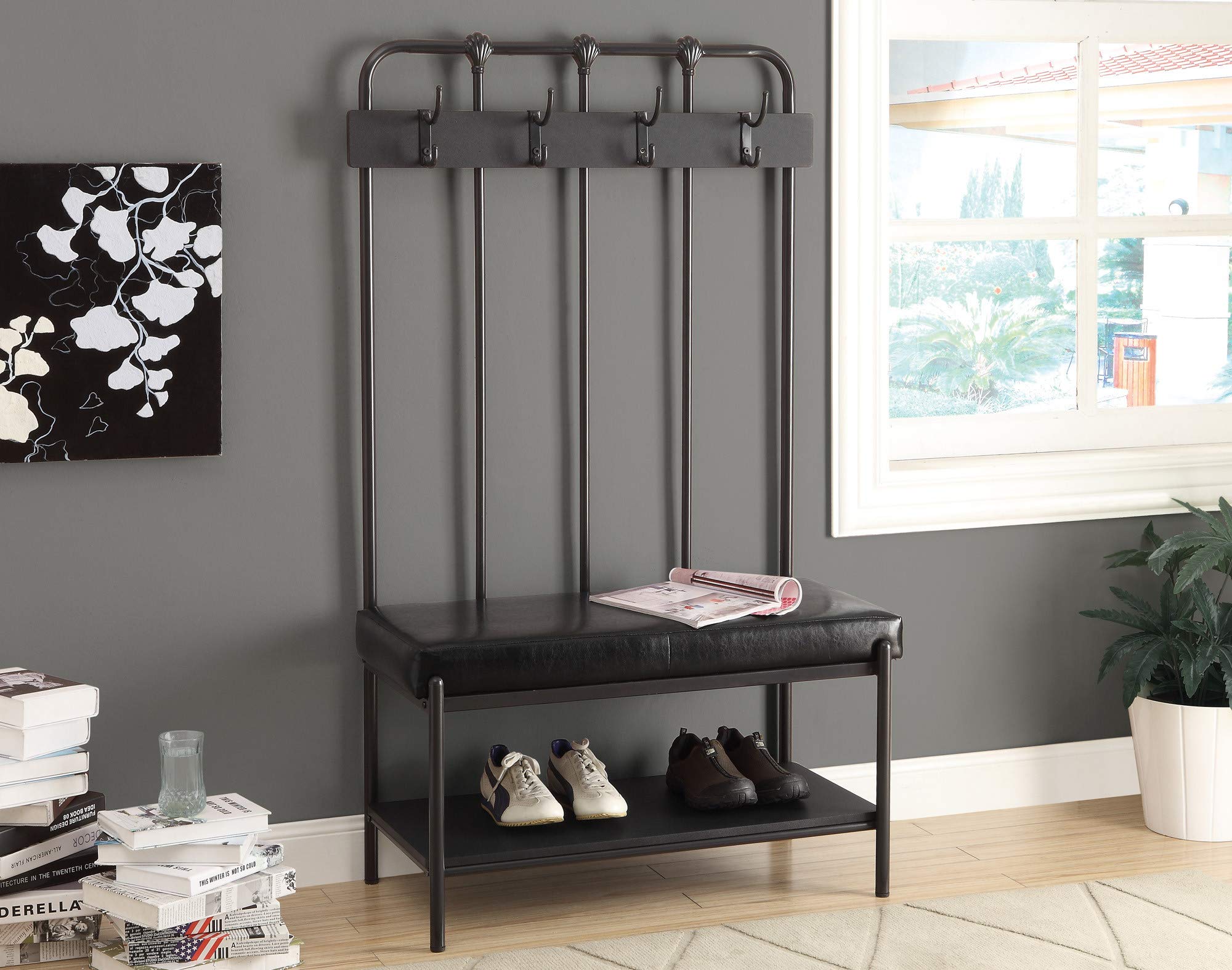 Monarch Specialties 4545 Bench, Entryway, Hallway, Storage, Organizer, Coat Rack, Hall Tree, Metal, Pu Leather Look, Transitional Bench-60 H Charcoal Grey Entry, 37.75&quot; L X 17.75&quot; W X 60.5&quot; H