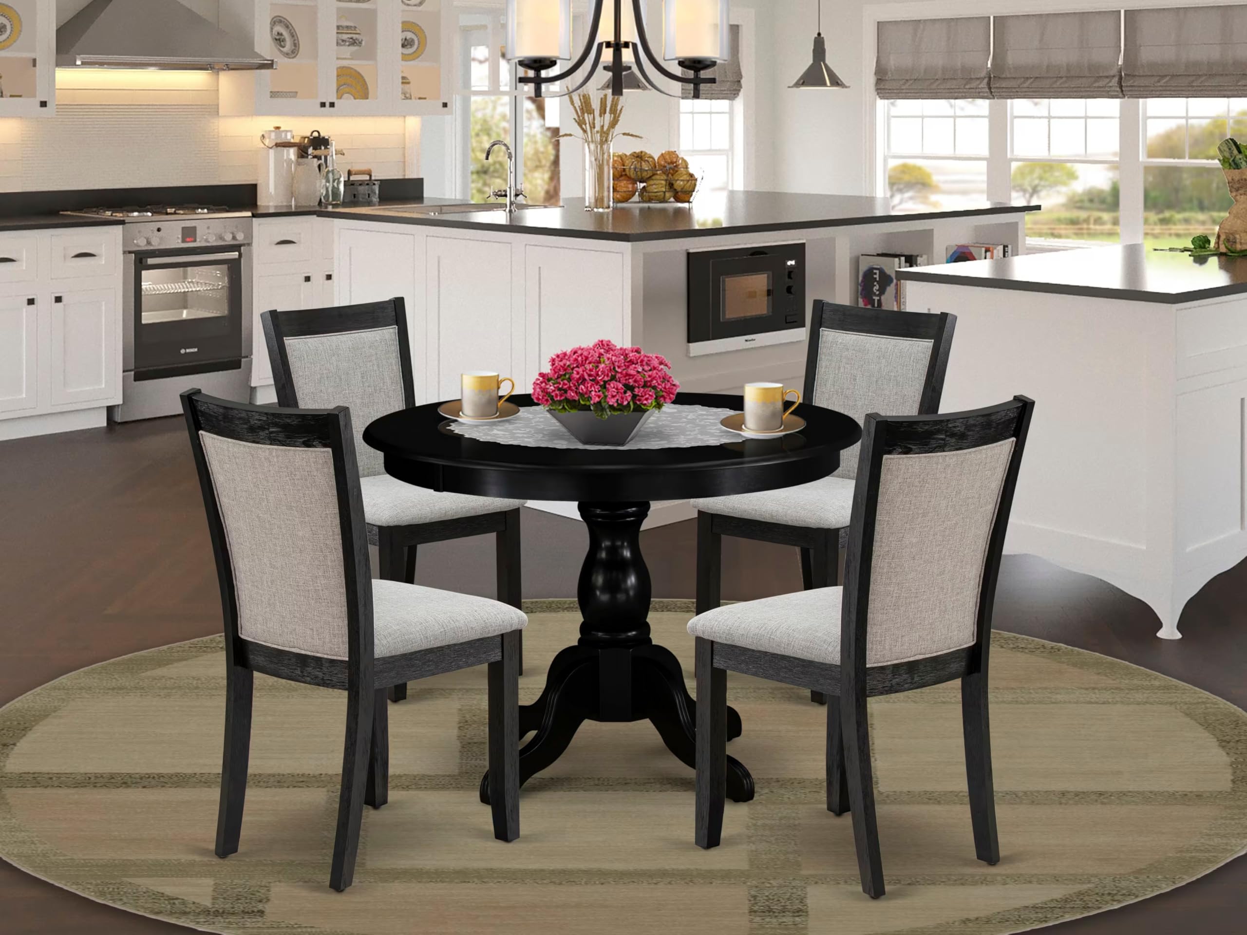 East West Furniture HBMZ5-AB6-06 5 Piece Dining Room Furniture Set Includes a Round Dining Table with Pedestal and 4 Shitake Linen Fabric Parsons Chairs, 42x42 Inch, Wirebrushed Black