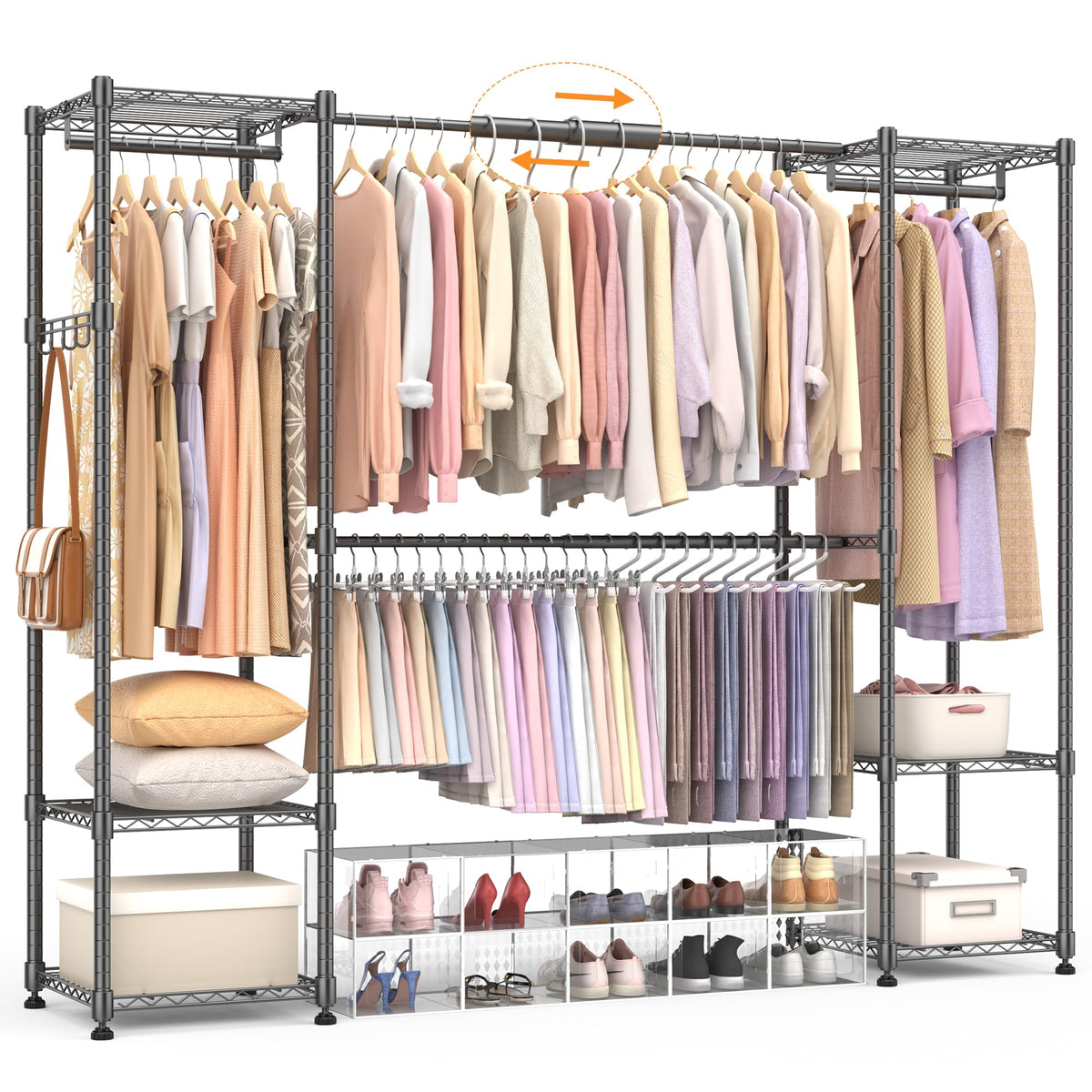 Homdox Heavy Duty Garment Rack, Expandable Freestanding Closet Organizer with 4 Hanging Rods, 6 Adjustable Wire Shelves, Clothes