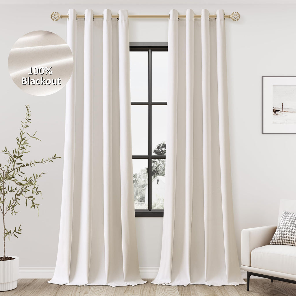Jowels Ivory Linen Blackout Curtains 96 Length 2 Panels Set for Living Room Bedroom, 100% Black Out Thermal Insulated Linen Drap