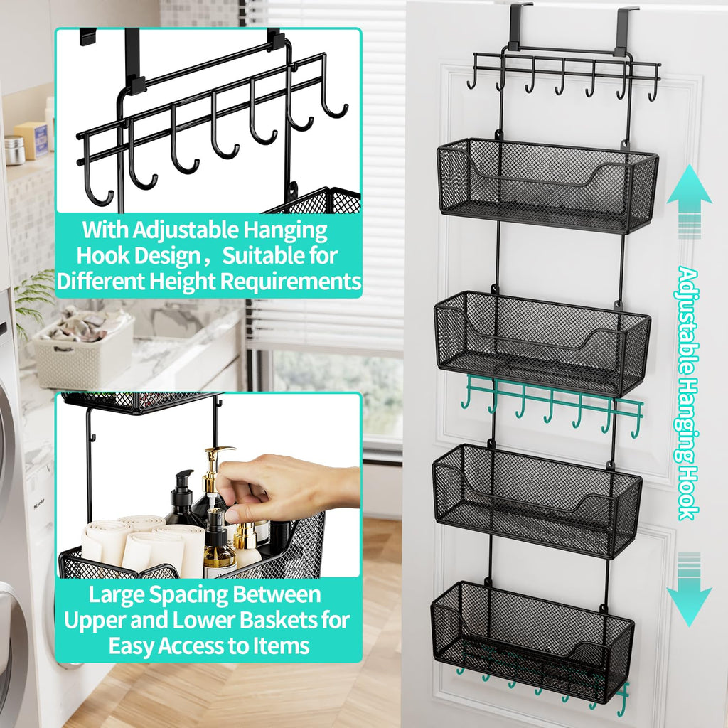 Hapirm Over The Door Organizer - Hanging Door Organizer With 4 Metal Large Capacity Baskets And Adjustable Coat Hook, Behind Doo