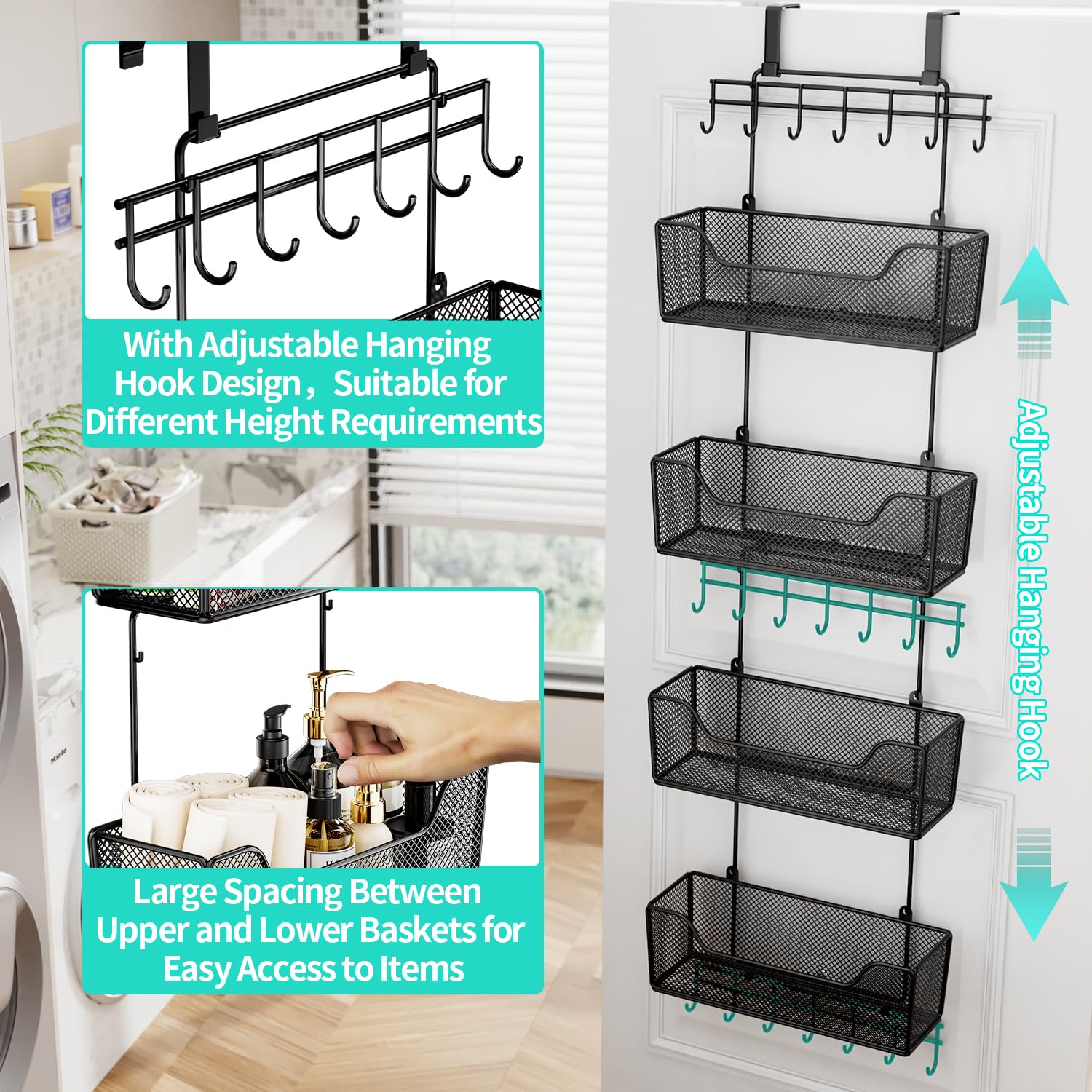Hapirm Over The Door Organizer - Hanging Door Organizer With 4 Metal Large Capacity Baskets And Adjustable Coat Hook, Behind Doo