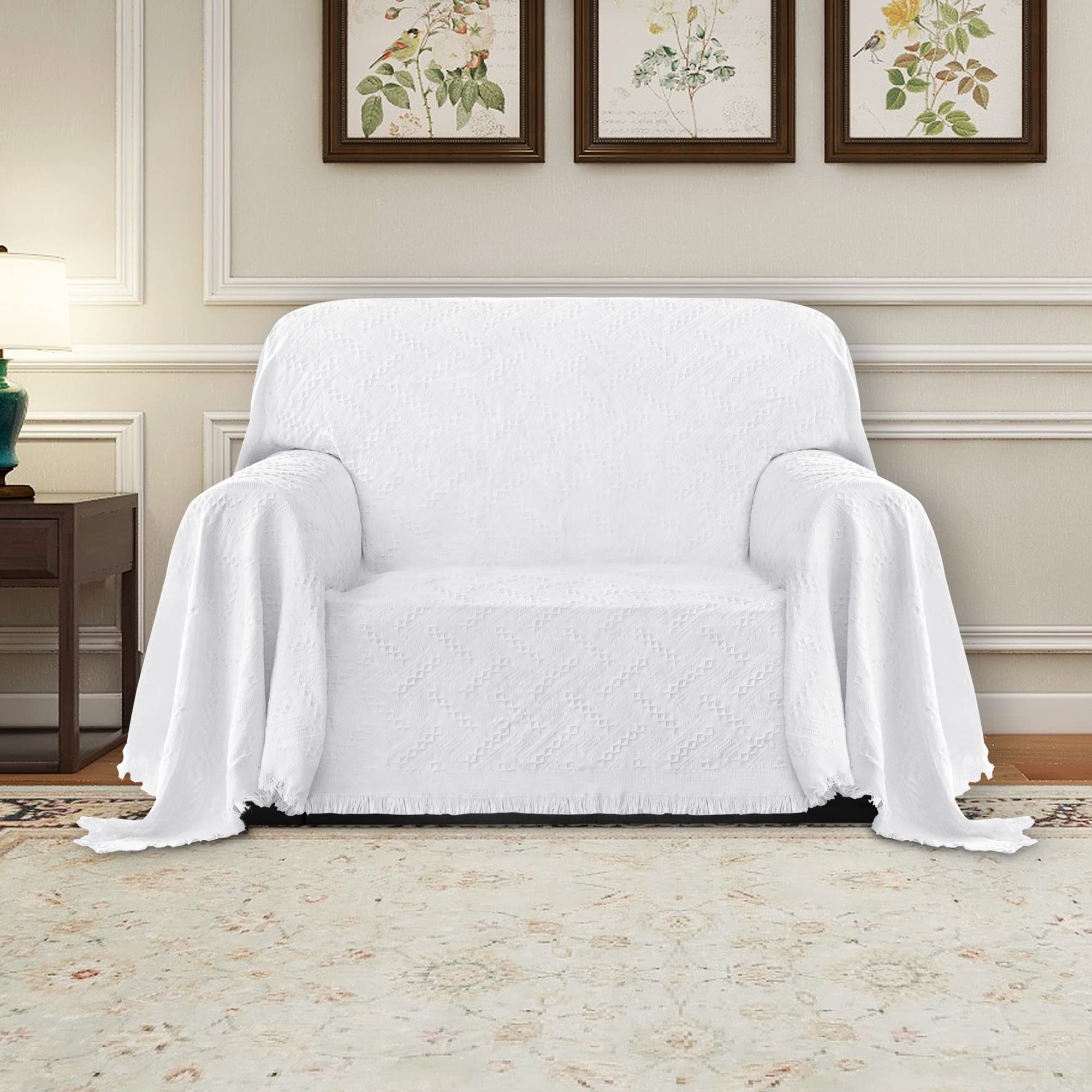 Purefit Geometric Jacquard Throw Sofa Cover - Textured Soft Washable Decorative Couch Covers For 3 Cushion Couch, Throw Cover With Tassels Furniture Protector For Pets, Kids (Small, White)