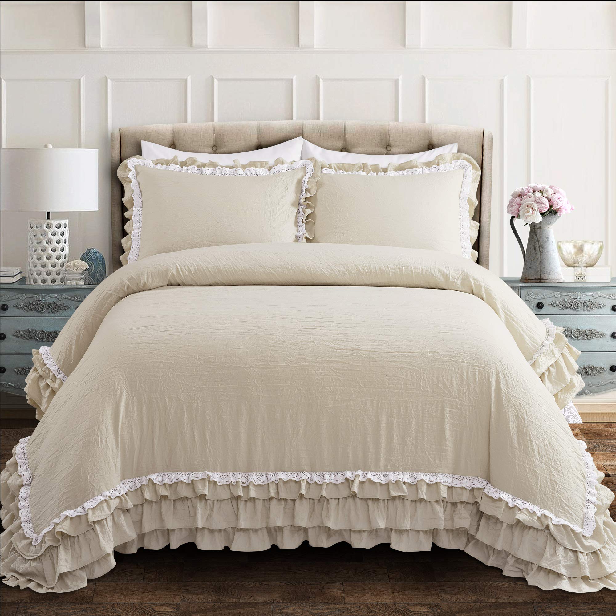 Lush Decor Ella Shabby-Chic Ruffle Lace 3-Piece Full/Queen Comforter Set (Neutral), 92 X 90 Inch