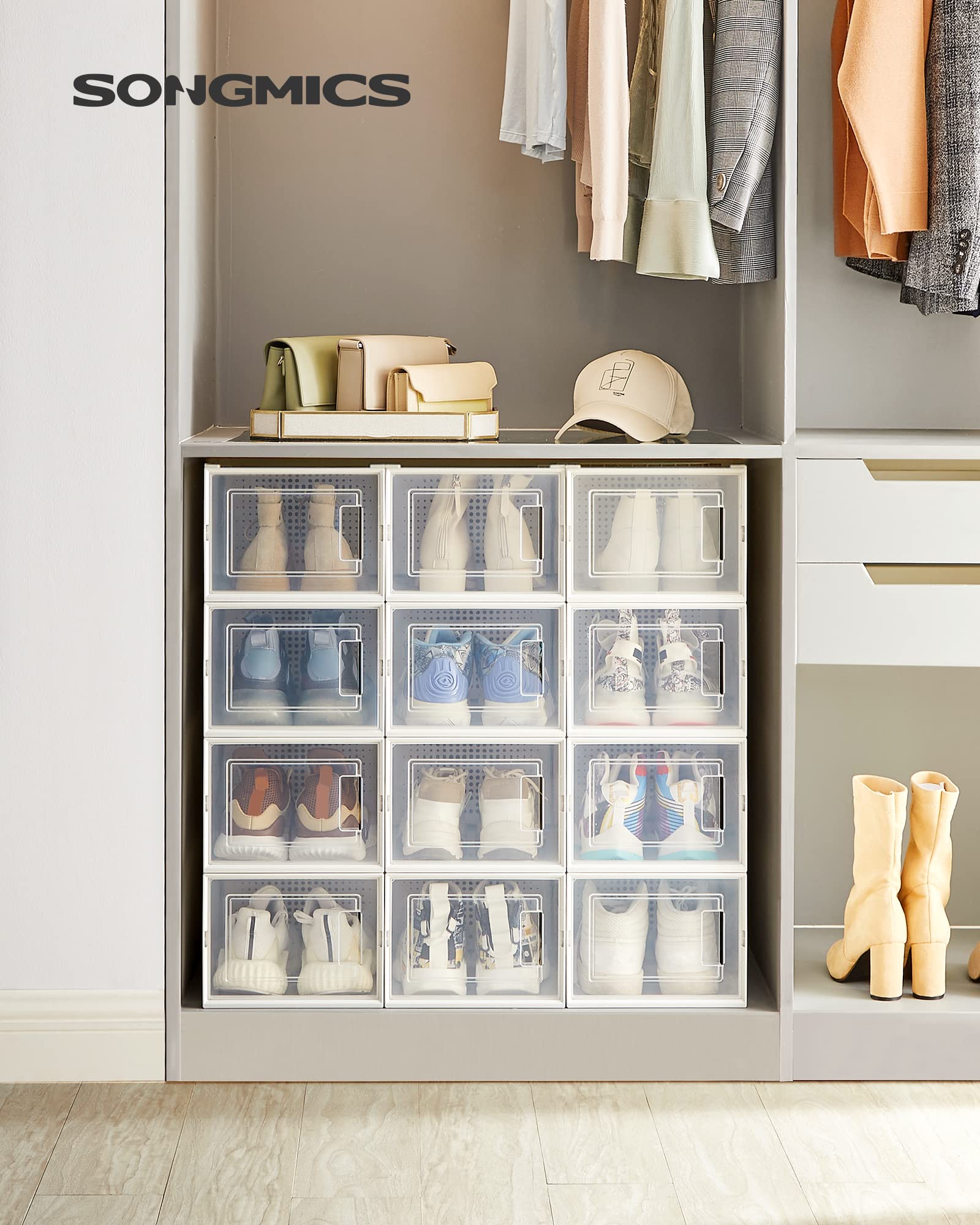 Songmics Shoe Boxes, Pack Of 12 Shoe Storage Organizers, Stackable Clear Plastic Boxes For Closet, Sneakers, 9.9 X 13.7 X 7.4 Inches, Fit Up To Us Size 13, Transparent And White Ulsp12Mwt