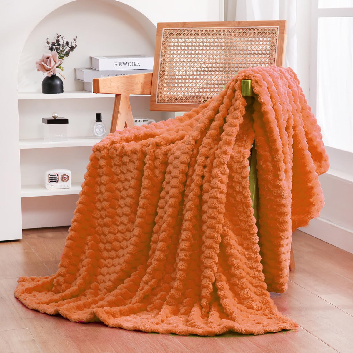 Puncuntex Burnt Orange Throw Blanket 50''  60'' Inches Fuzzy 3D Jacquard Decorative Flannel Fleece Super Soft Plush Cozy Blanket