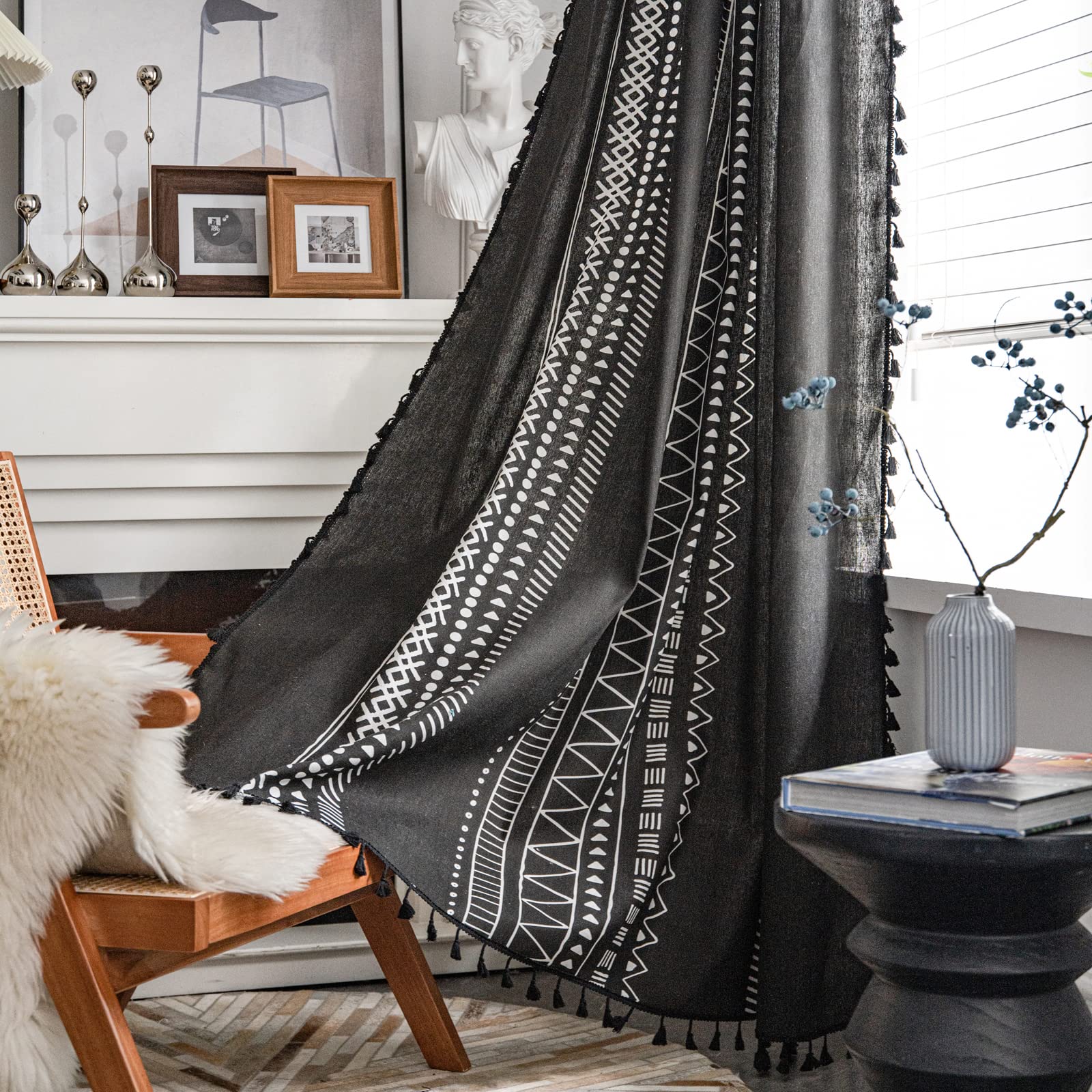 ColorBird Geometric Semi-Blackout Window Curtains 2 Panels Bohemian Cotton Linen Darkening Curtains with Tassels Rod Pocket Wind