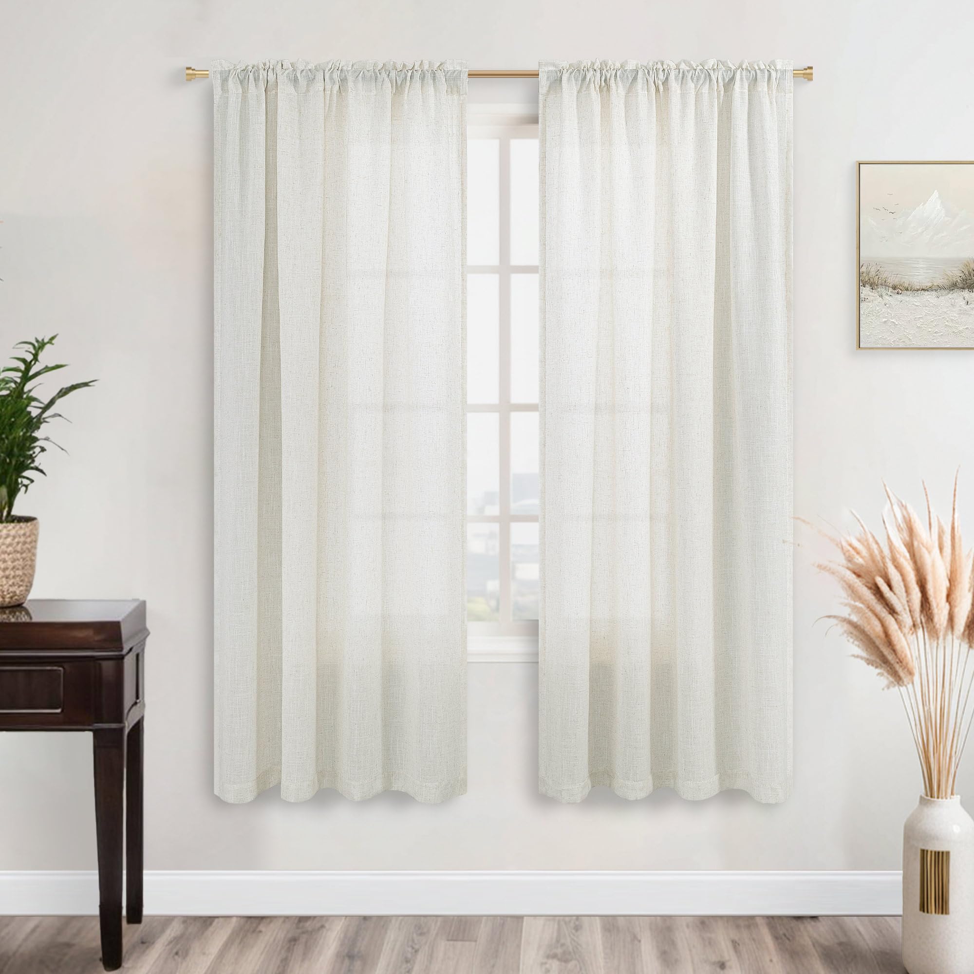 Koufall Cream Linen Curtains 63 Inch Length Set 2 Panels,Rod Pocket Light Filtering Lightweight Ivory Semi Sheer Cat Proof Curta