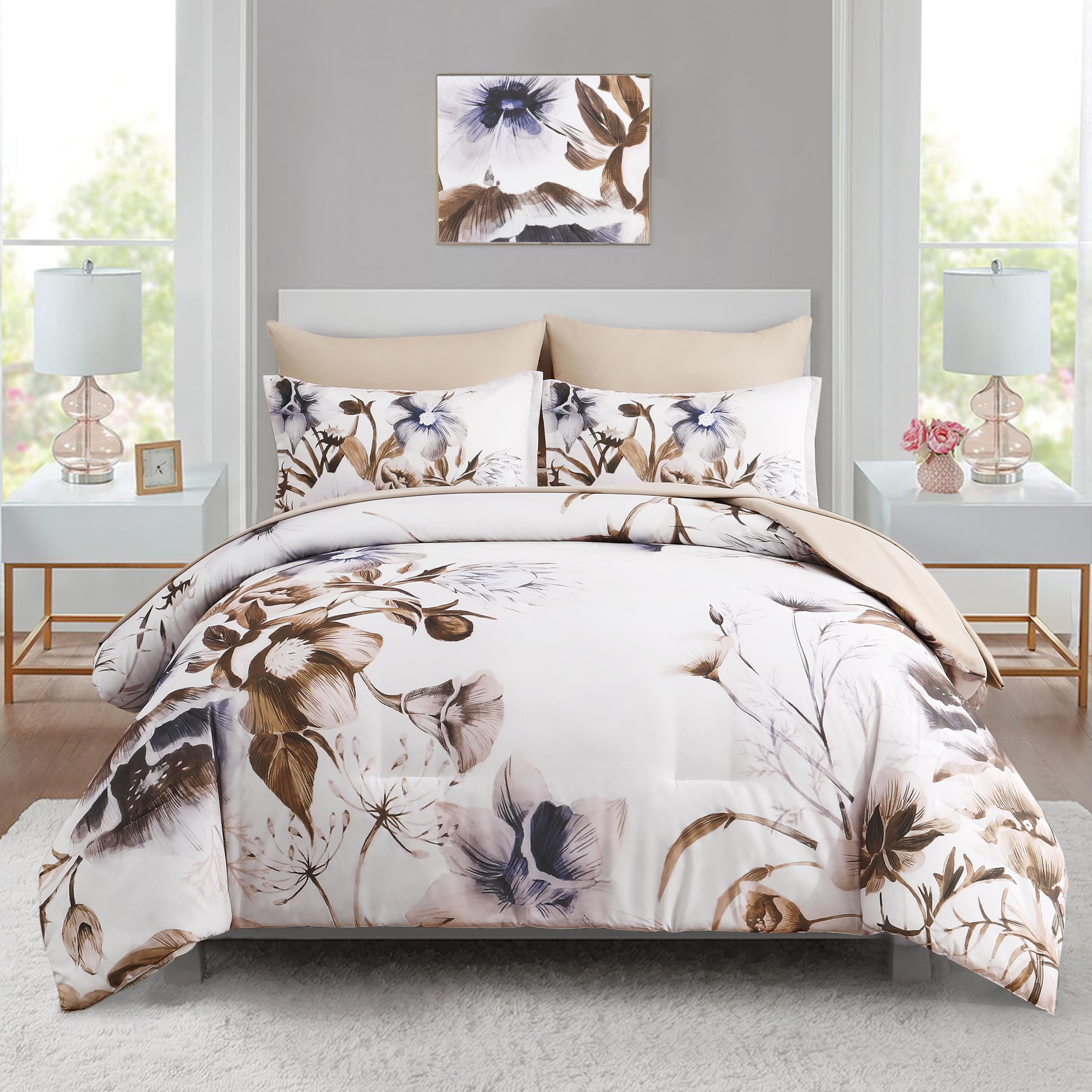 Luxudecor Floral Comforter Set Queen Size 7 Piece, Beige Flower Bed In A Bag, Elegant Floral Comforter With Sheet Set, Soft Micr