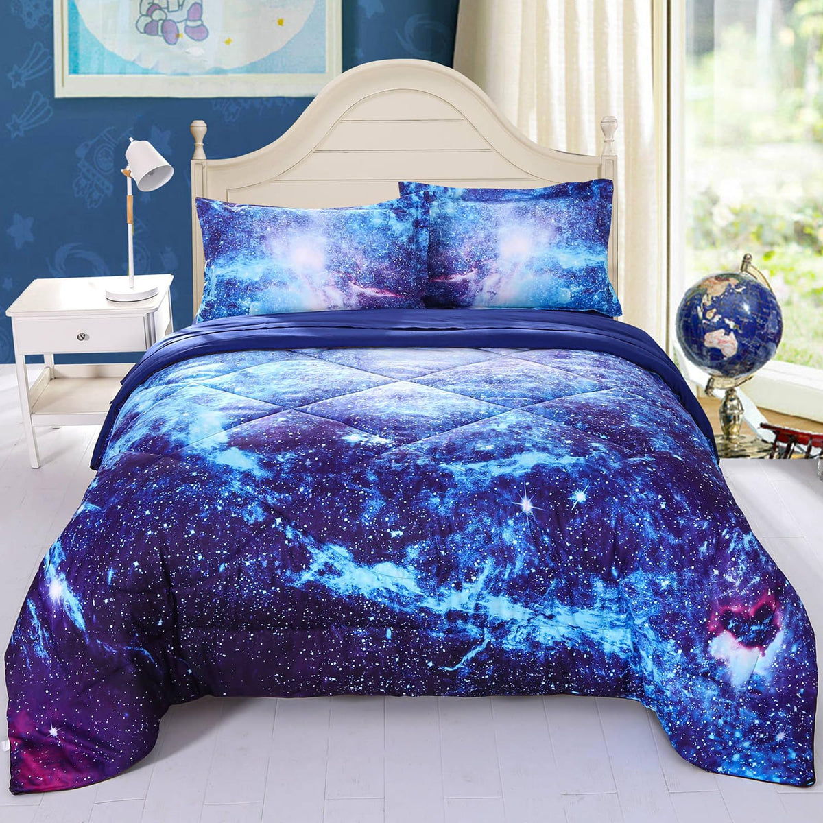 Wowelife Galaxy Bedding Sets For Girls And Boys 5-Piece Queen Size, Premium 3D Outer Space Galaxy Comforter Set Blue, Comfortabl