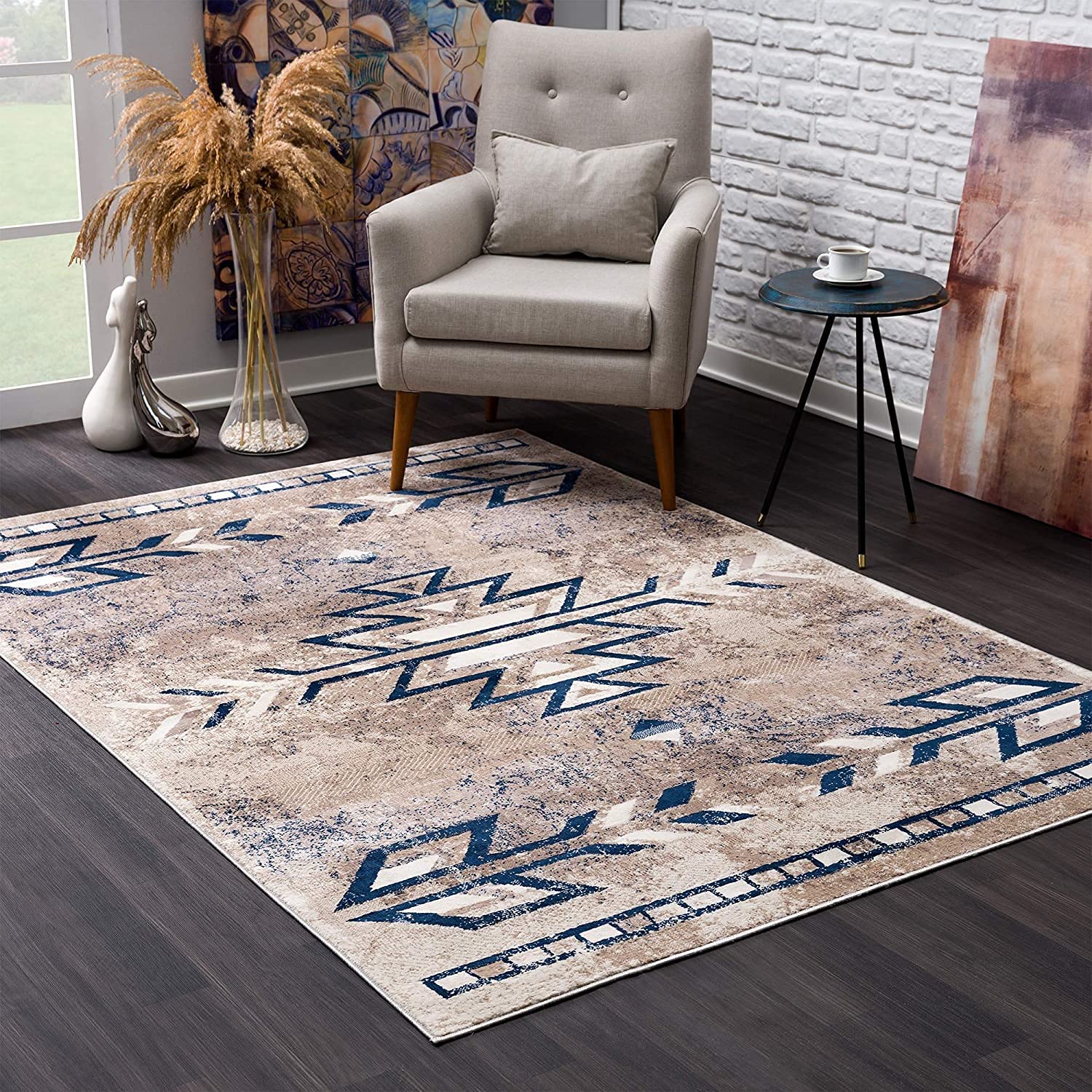 HomeRoots 100% Polypropylene 2’ x 3’ Beige and Blue Boho Chic Scatter Rug