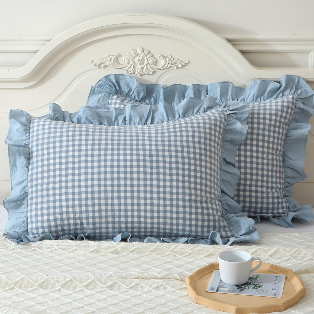 Mywinlle Blue Plaid Ruffle Pillowcases Farmhouse Pillow Shams Standard,Shabby Checkered Pillow Cover Washed Cotton Pillow Covers