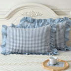 Mywinlle Blue Plaid Ruffle Pillowcases Farmhouse Pillow Shams Standard,Shabby Checkered Pillow Cover Washed Cotton Pillow Covers