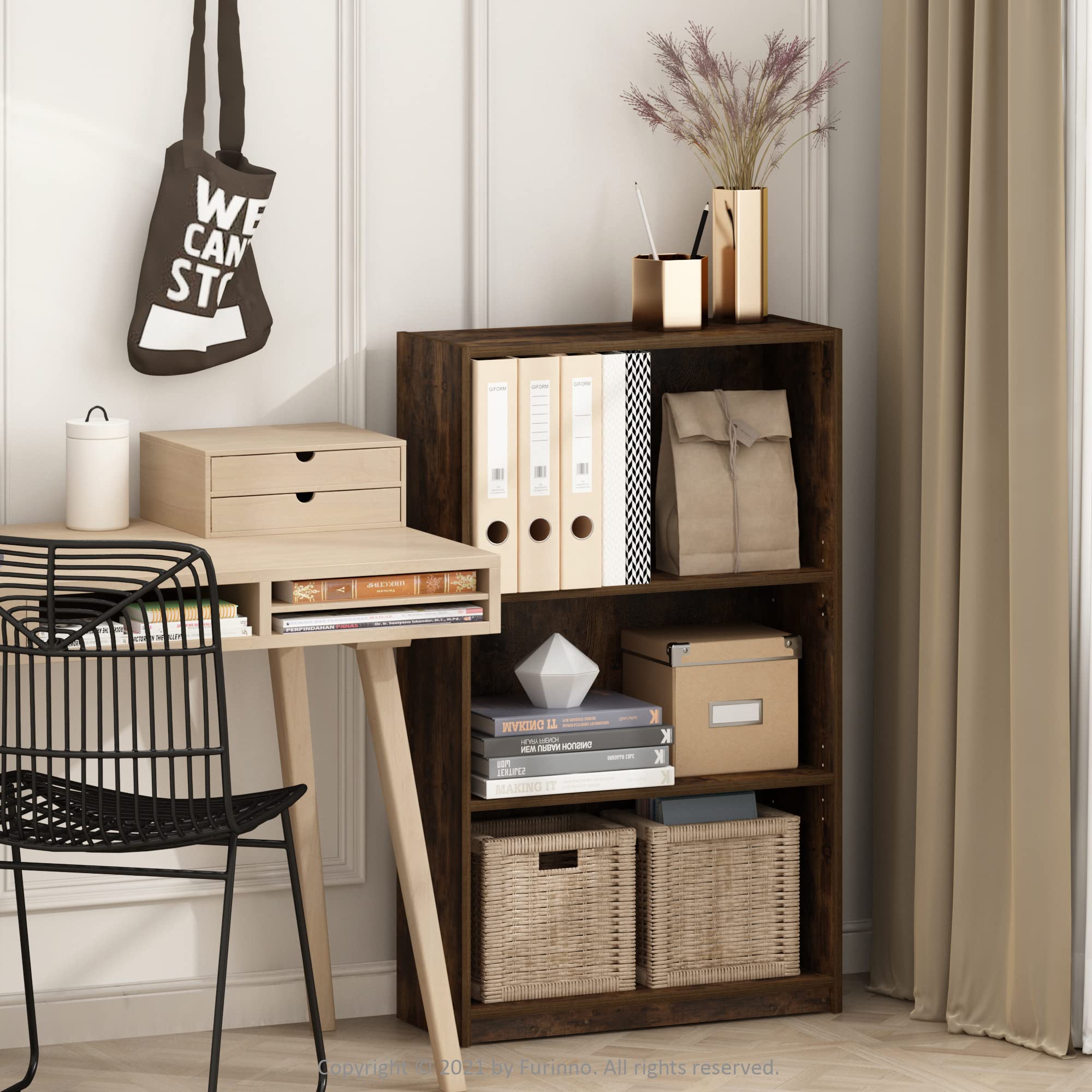 Furinno Jaya Simply Home Adjustable Shelf Bookcase, 3-Tier, Amber Pine