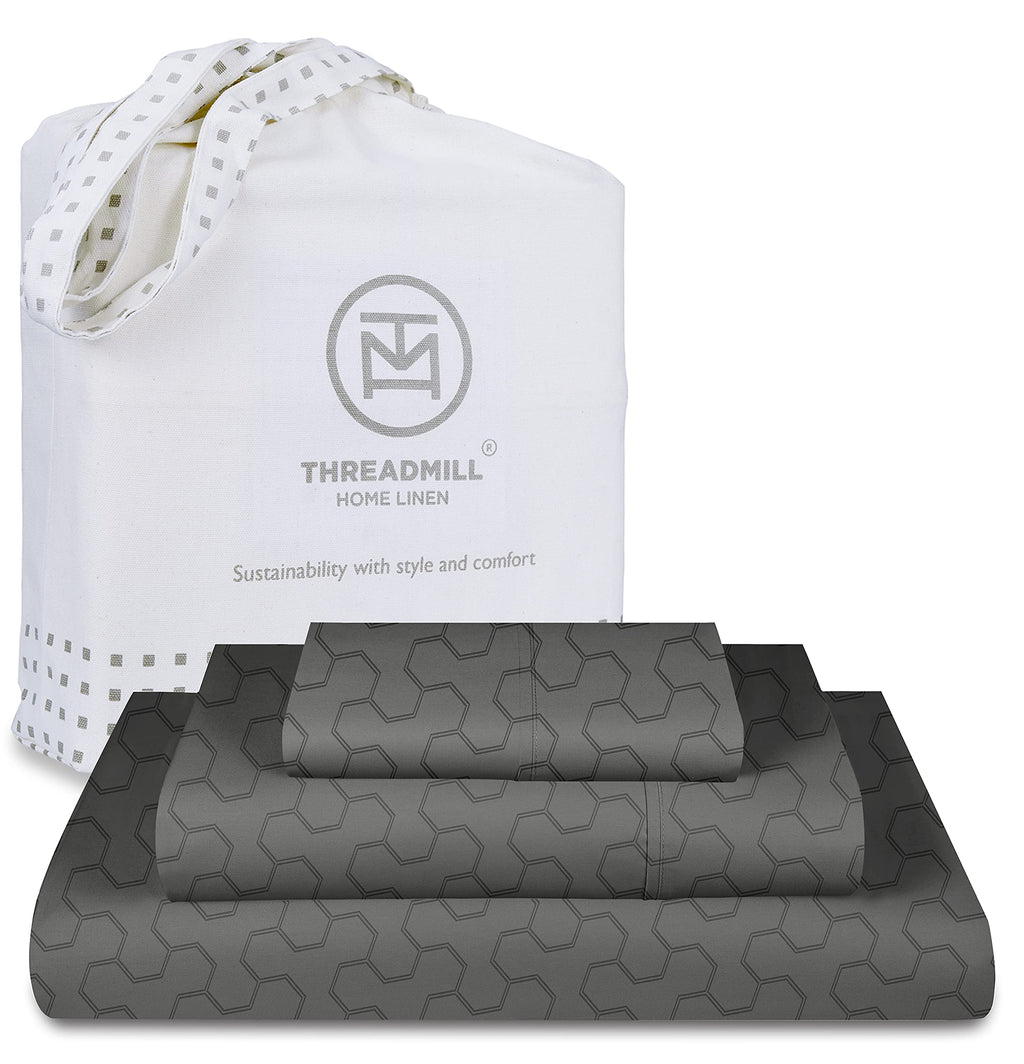 Threadmill 500 Thread Count Twin-XL Size 3 Pc Luxury Cotton Bed Sheet Set, Jacquard Floria Dark Grey, Breathable Sheets with 15'
