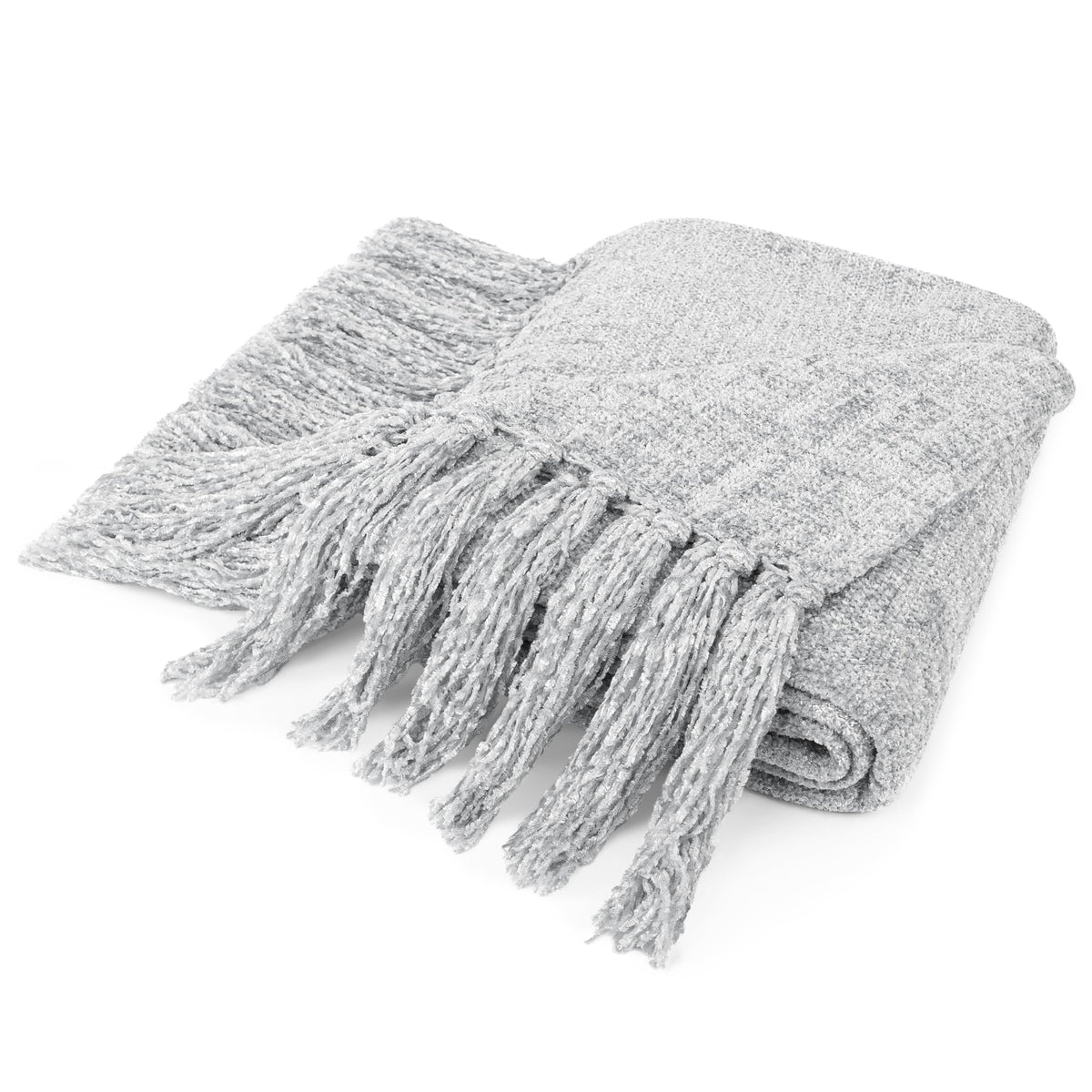 Pavilia Light Gray Throw Blanket For Couch, Twin Size Bed, Chenille Blanket For Sofa Bed, Soft Knit Woven Gray Blanket With Tass