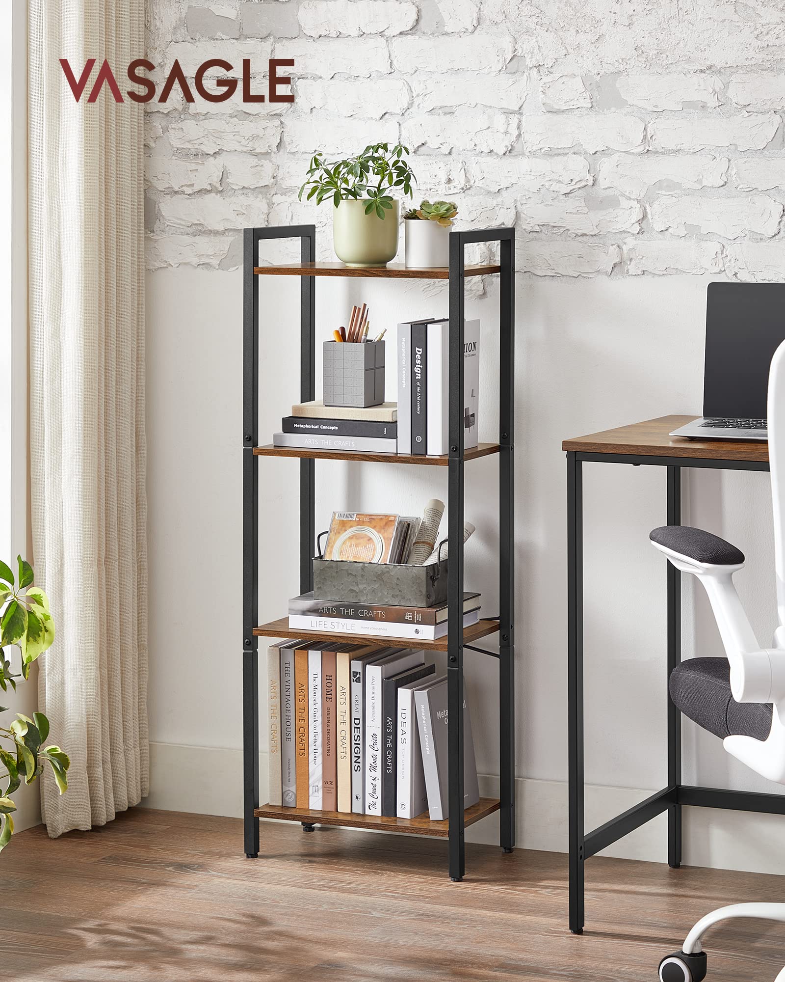 Vasagle 4-Tier Tall Bookshelf, Bookcase With Steel Frame, Book Shelf For Living Room, Home Office, Study, 9.4 X 15.7 X 42.1 Inches, Industrial Style, Rustic Brown And Black Ulls099B01