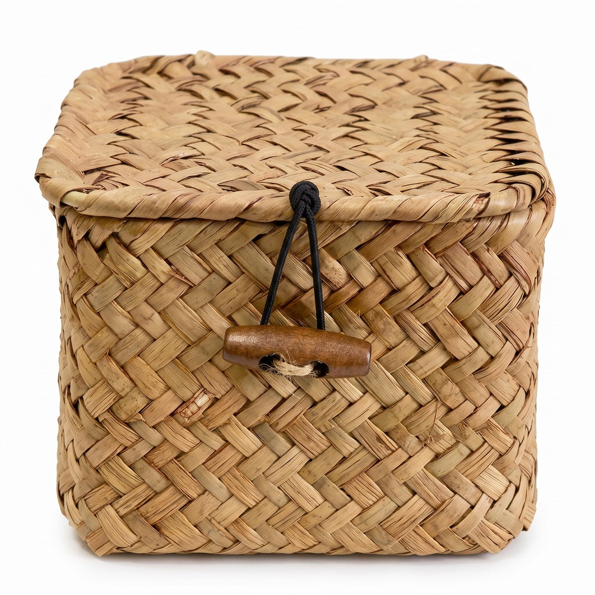 Mini Seagrass Basket with Lid, Square Handwoven Wicker Storage Bins, Key Holder, Jewelry, Hair Ties, Candy Organizer for Shelf, 
