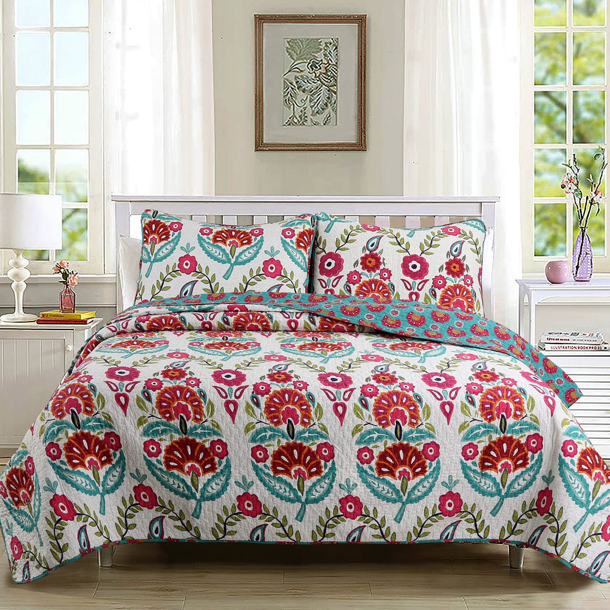 Cozy Line Home Fashions Pink Red Floral 100% Cotton Reversible Quilt Bedding Set, Coverlet Bedspread (Fuchsia Flowers, Queen - 3