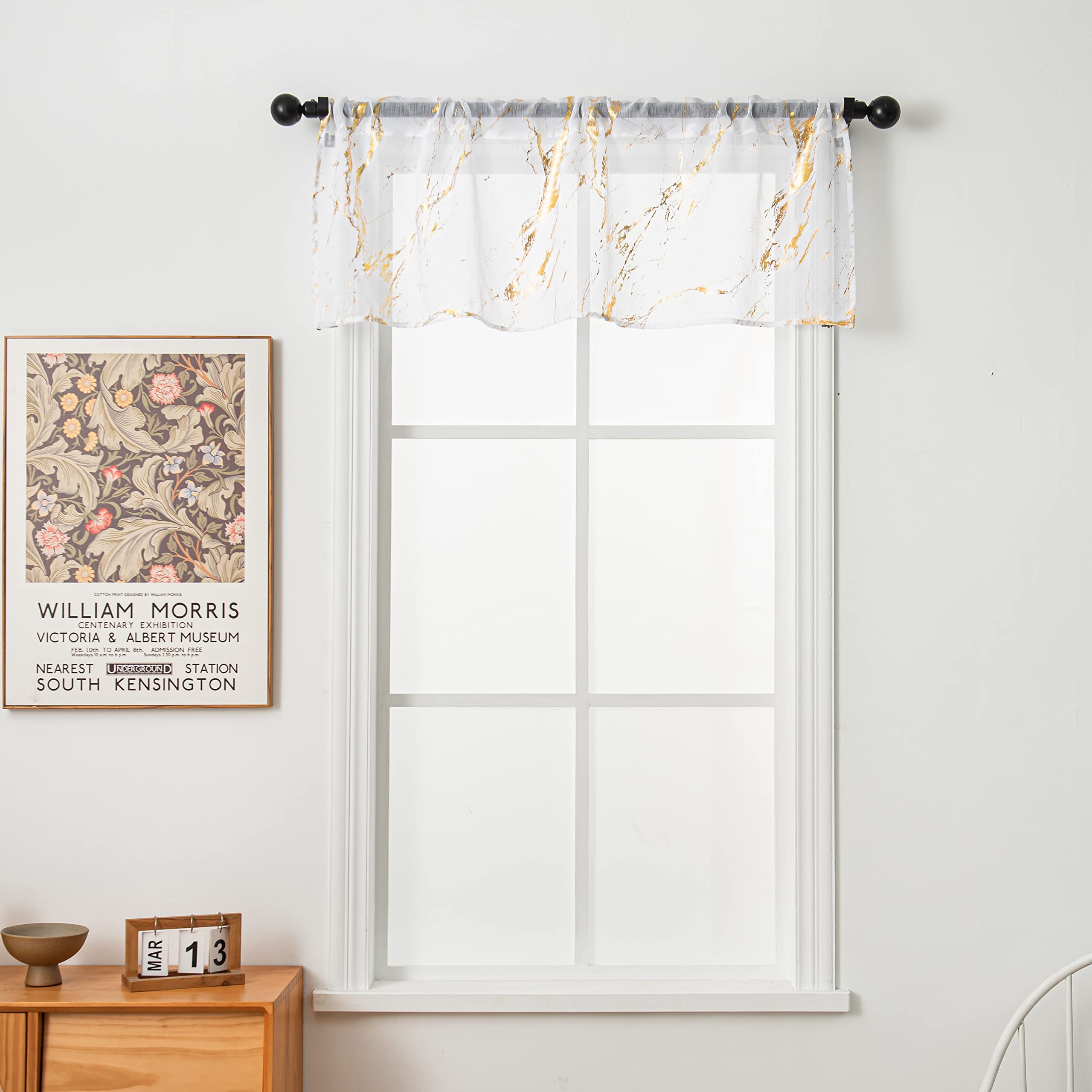 Sutuo Home Marble White Sheer Valance Curtains 18 Inch Length 1 Panel, Gold Foil Print Metallic Bronzing, Privacy Window Treatme