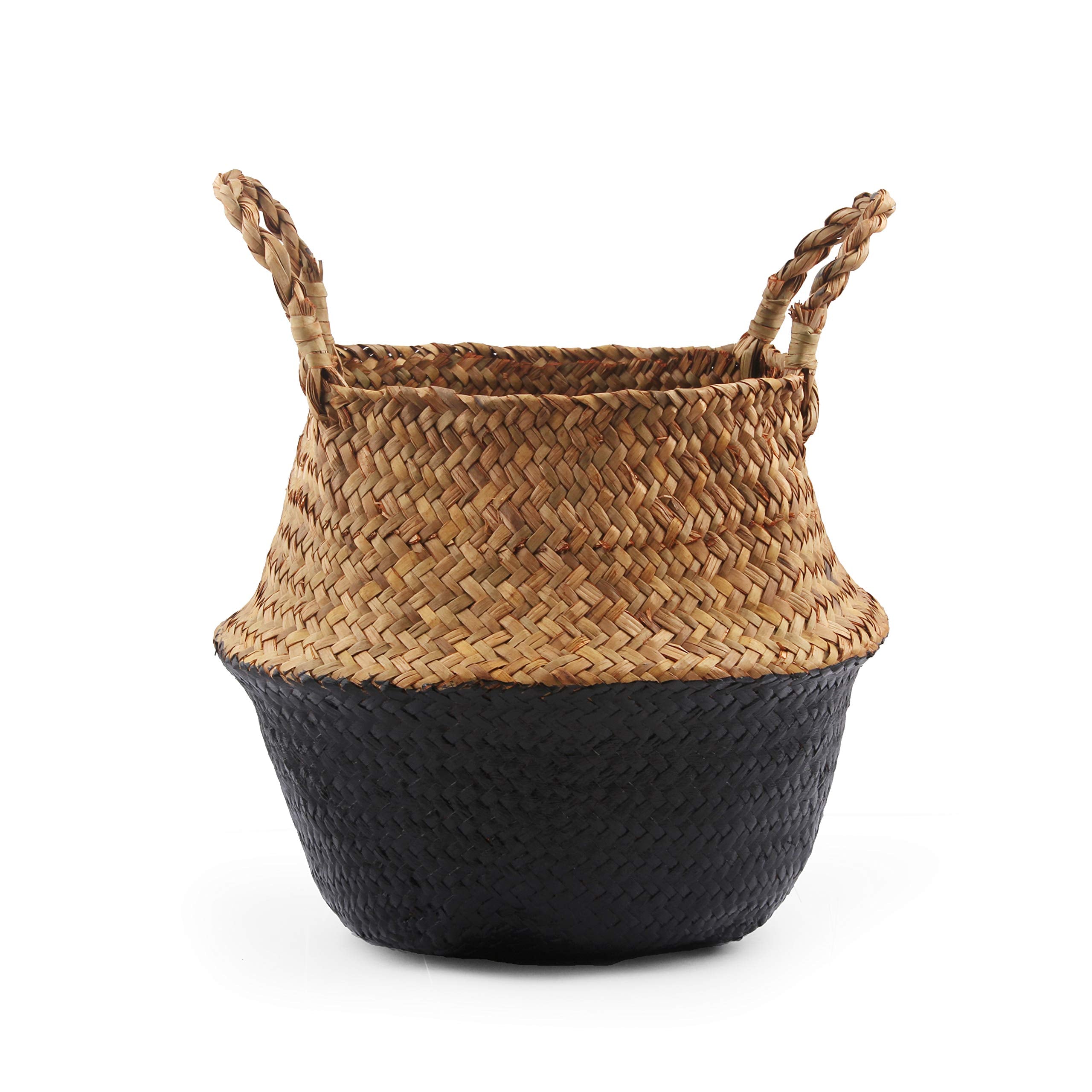 Bluemake Woven Seagrass Belly Basket For Storage, Laundry, Picnic, Plant Pot Cover, And Grocery And Toy Storage (Medium, Black)