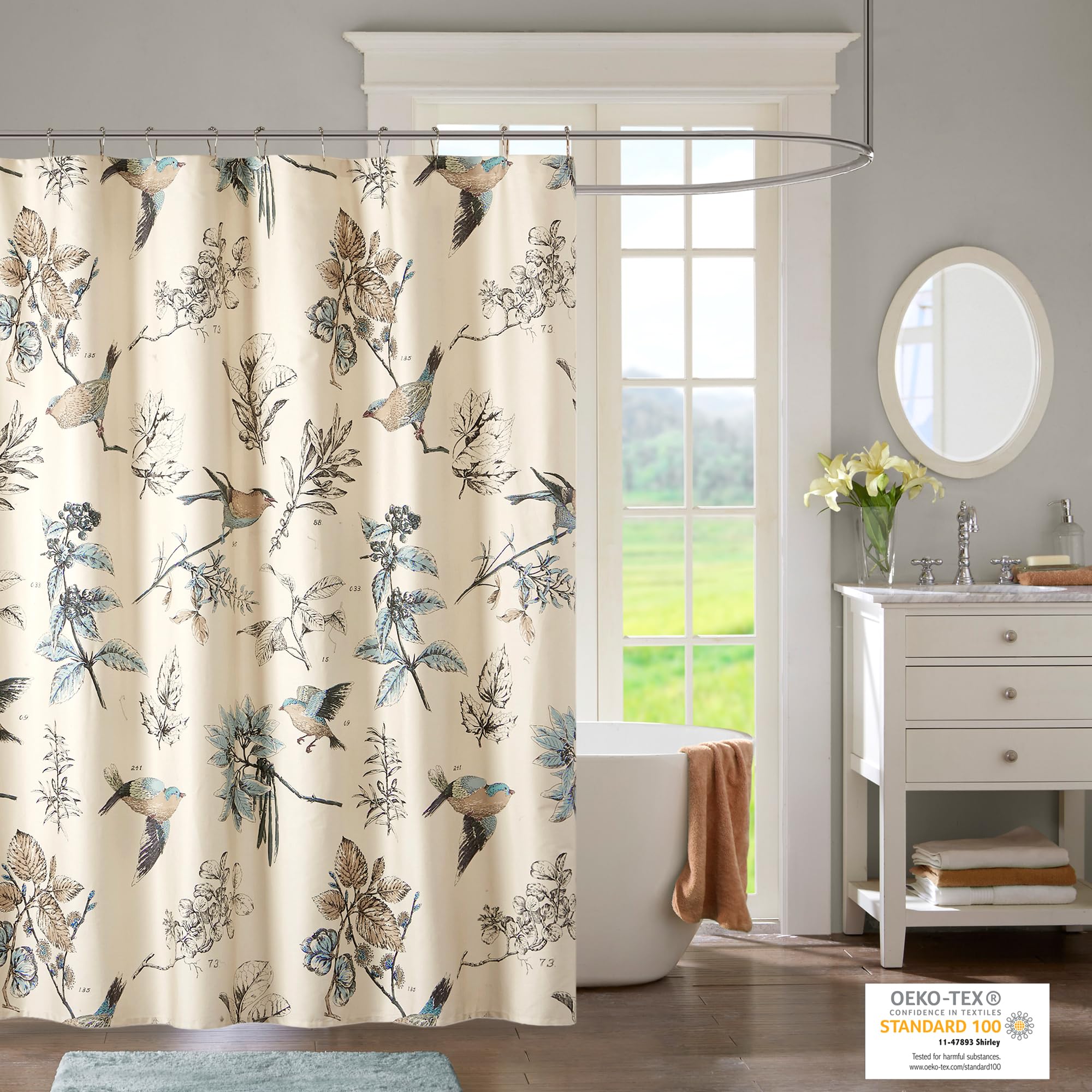 Madison Park Shower Curtain, Bird & Leaf Print, Farmhouse Shower Curtain For Bathroom, Modern Country Bathroom D  Cor, Machine W