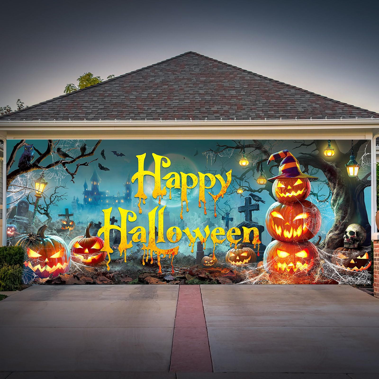 Wovweave Halloween Garage Door Banner 6.6 X 16.4 Ft Happy Halloween Garage Door Decorations Scary Garage Door Cover Horror Garag