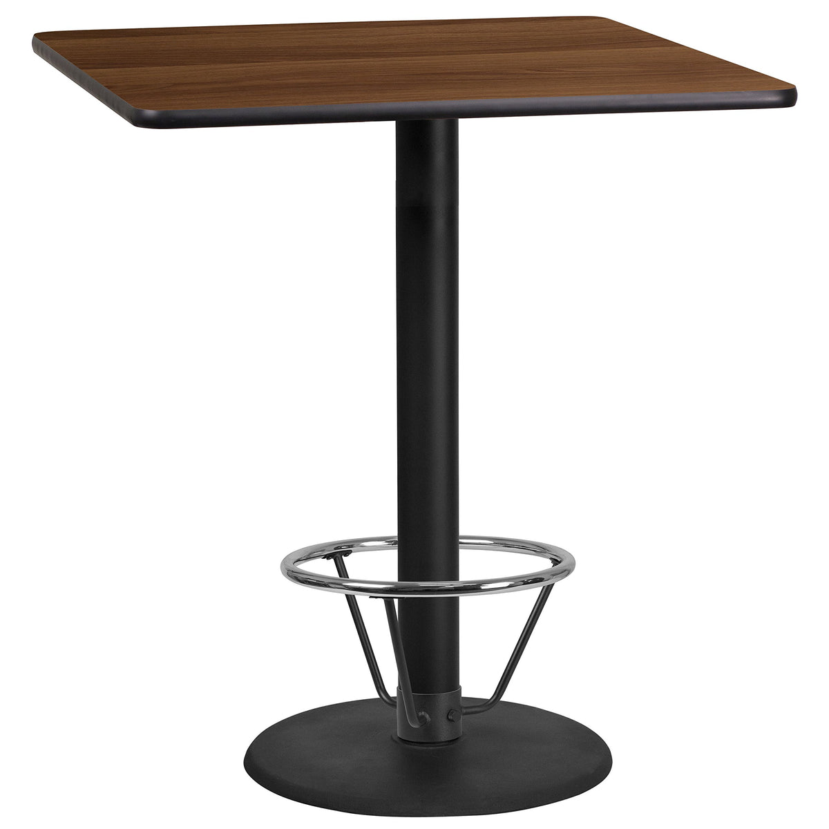 Flash Furniture Stiles 36'' Square Walnut Laminate Table Top with 24'' Round Bar Height Table Base and Foot Ring