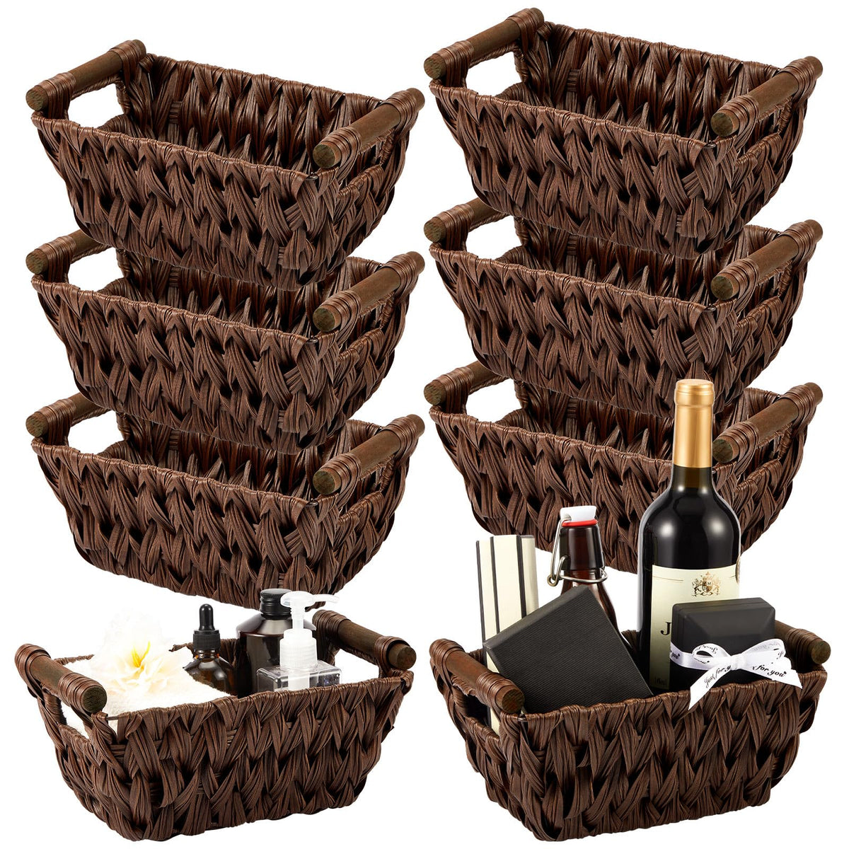 Marsui 6 Pcs Small Wicker Baskets for Gifts Empty 9 x 6 x 4 Inches Hand Woven Seagrass Rattan Towel Baskets Bin Organizer Shelf 