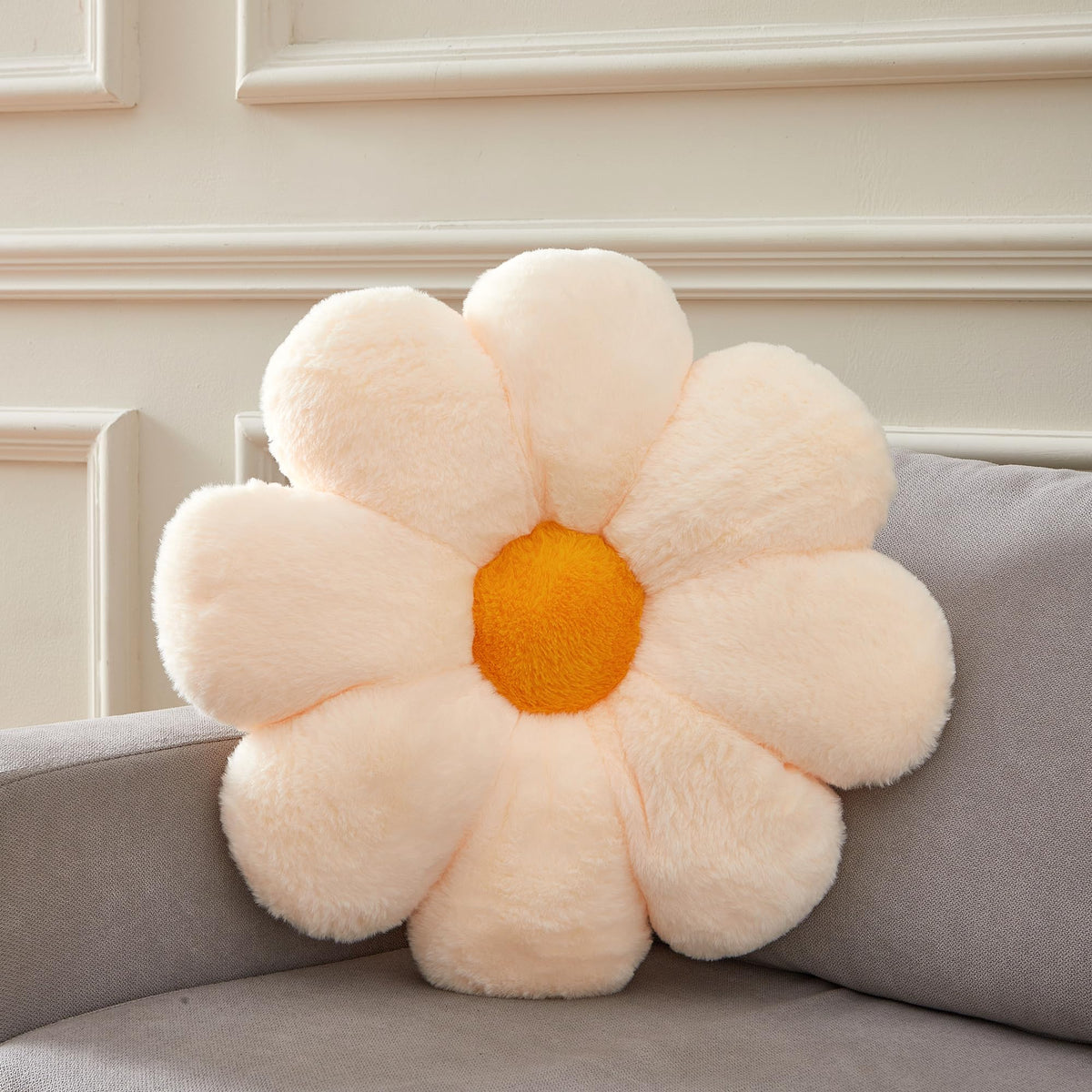 Ailive 21.6 in Cream Large Cute Fluffy Faux Fur Decorative Pillow Flower Shaped Throw Pillows for Kids Teen Girls Preppy Adults